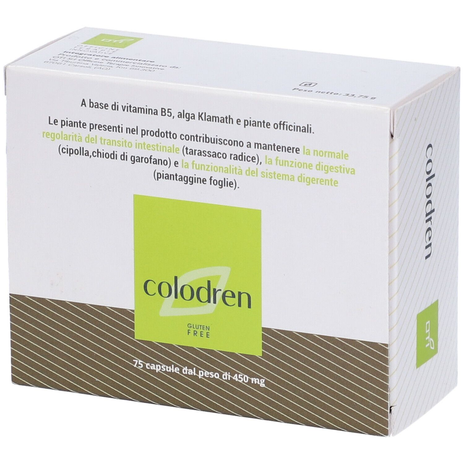 Weiße Schachtel mit grünem Logo und Text. Enthält 75 Kapseln. Glutenfrei. Aufschrift: Colodren.