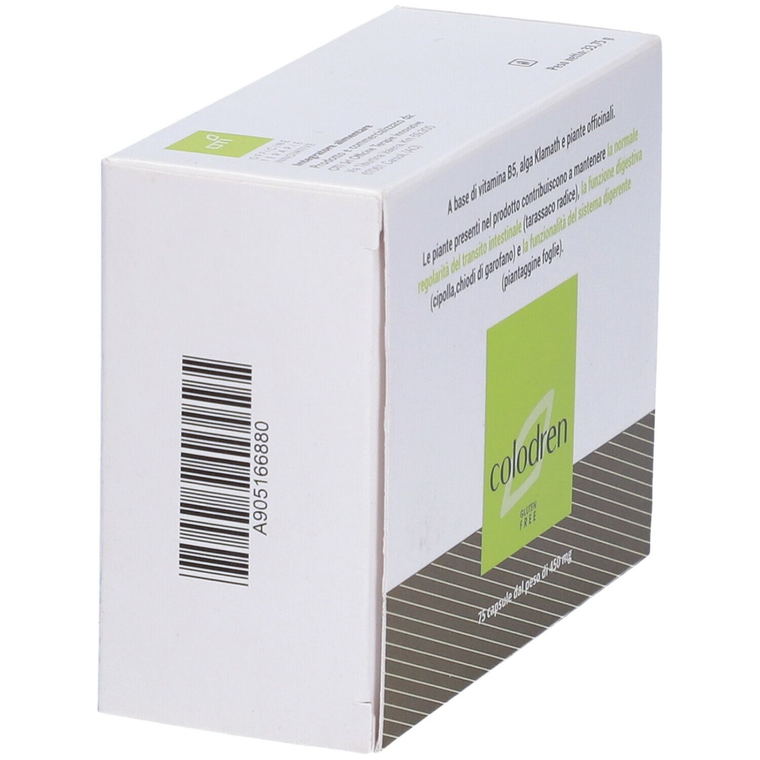 Weiße Schachtel mit Barcode und Text. Aufschrift: Colodren. Enthält Informationen über Inhaltsstoffe und Nährwerte.