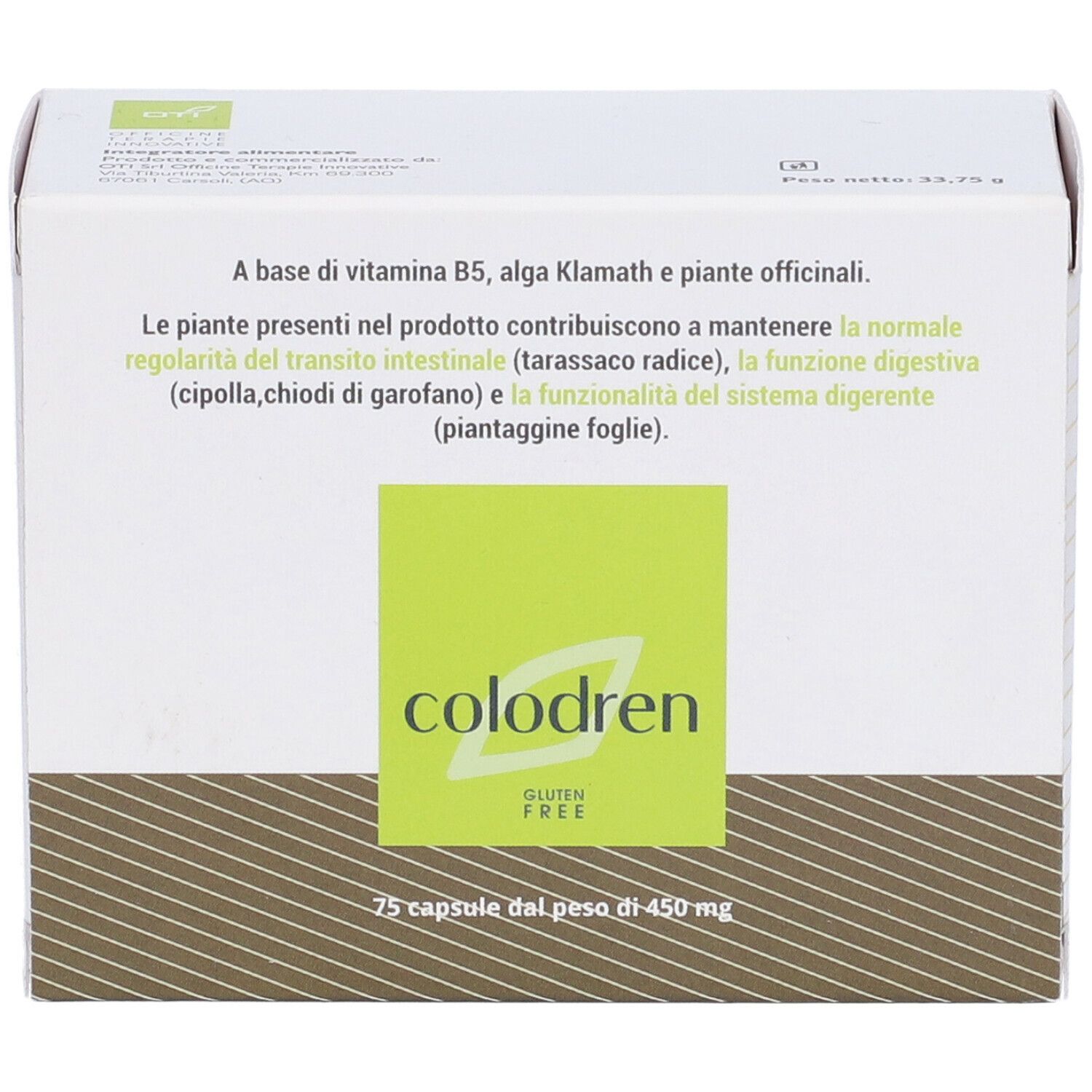Weiße Schachtel mit grünem Logo und Text. Enthält 75 Kapseln. Glutenfrei. Aufschrift: Colodren.