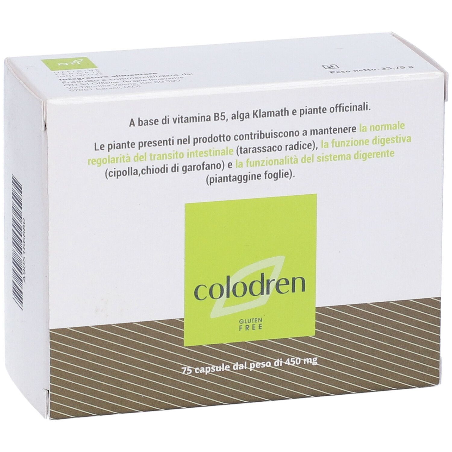 Weiße Schachtel mit grünem Logo und Text. Enthält 75 Kapseln. Glutenfrei. Aufschrift: Colodren.