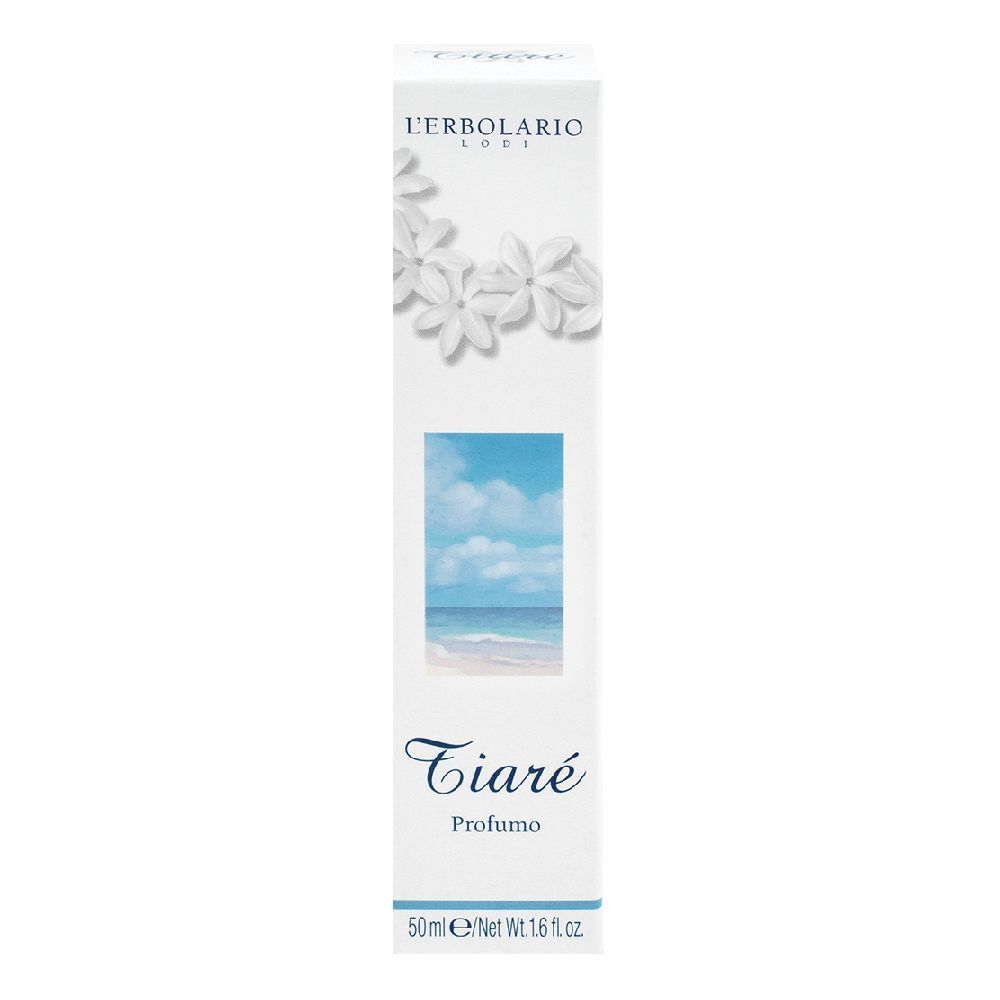 Confezione di profumo Tiaré L'Erbolario. Bianca, con fiori, illustrazione marina e scritta Tiaré. In basso: 50ml.