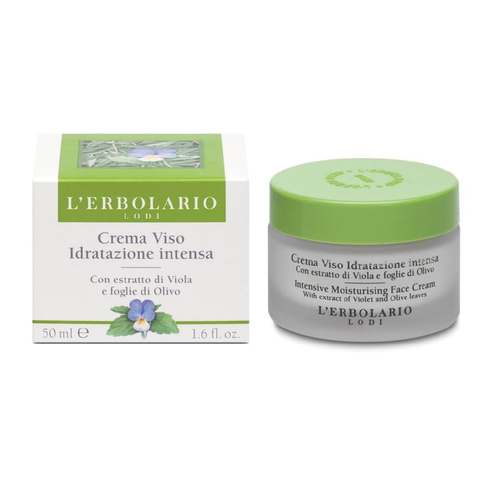 Vaso e scatola di crema. Scritta: Crema Viso Idratazione intensa. Con estratto di viola e foglie di olivo. L'Erbolario.