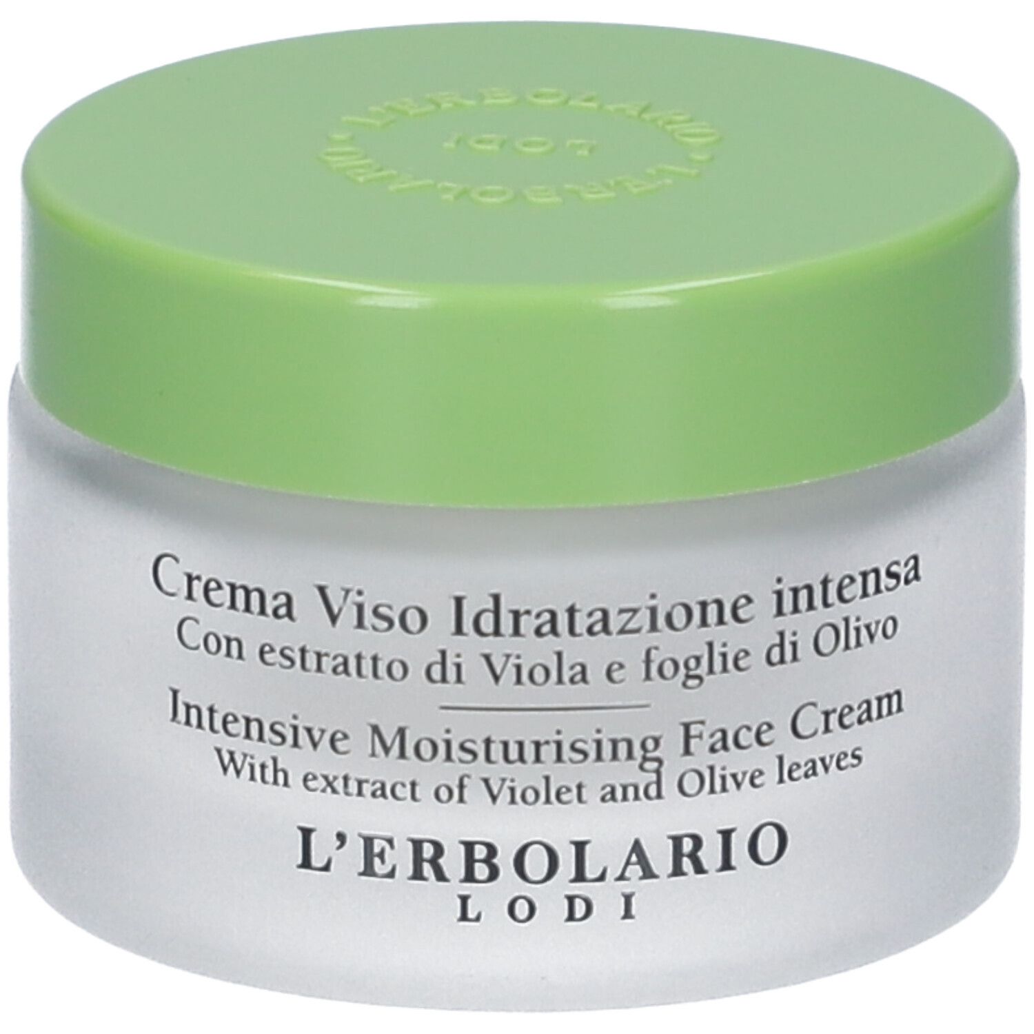Vaso di crema con coperchio verde. Scritta: Crema Viso Idratazione intensa. Con estratto di viola e foglie di olivo. L'Erbolario.