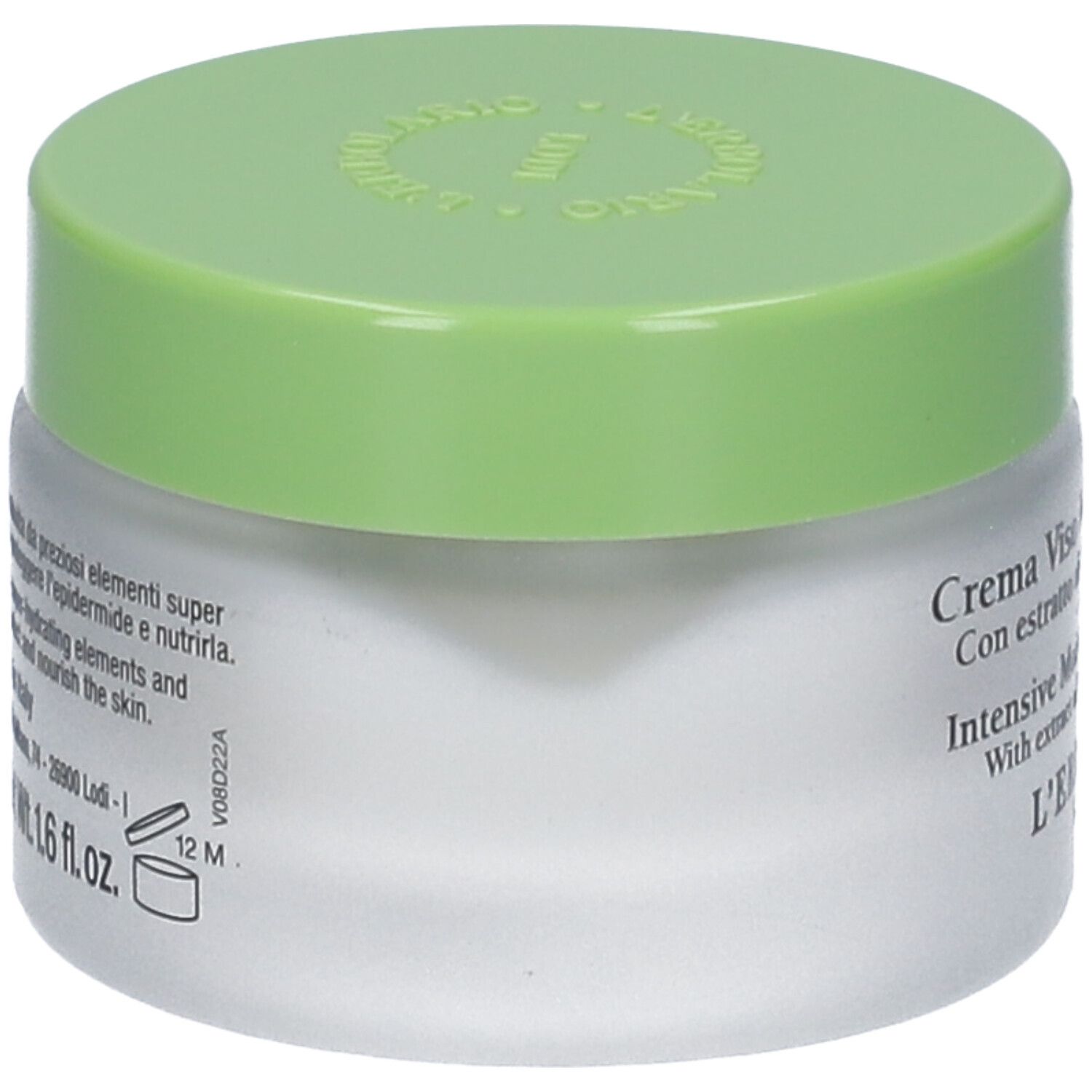 Vaso di crema con coperchio verde. Scritta: Crema Viso Idratazione intensa. Con estratto di viola e foglie di olivo. L'Erbolario.