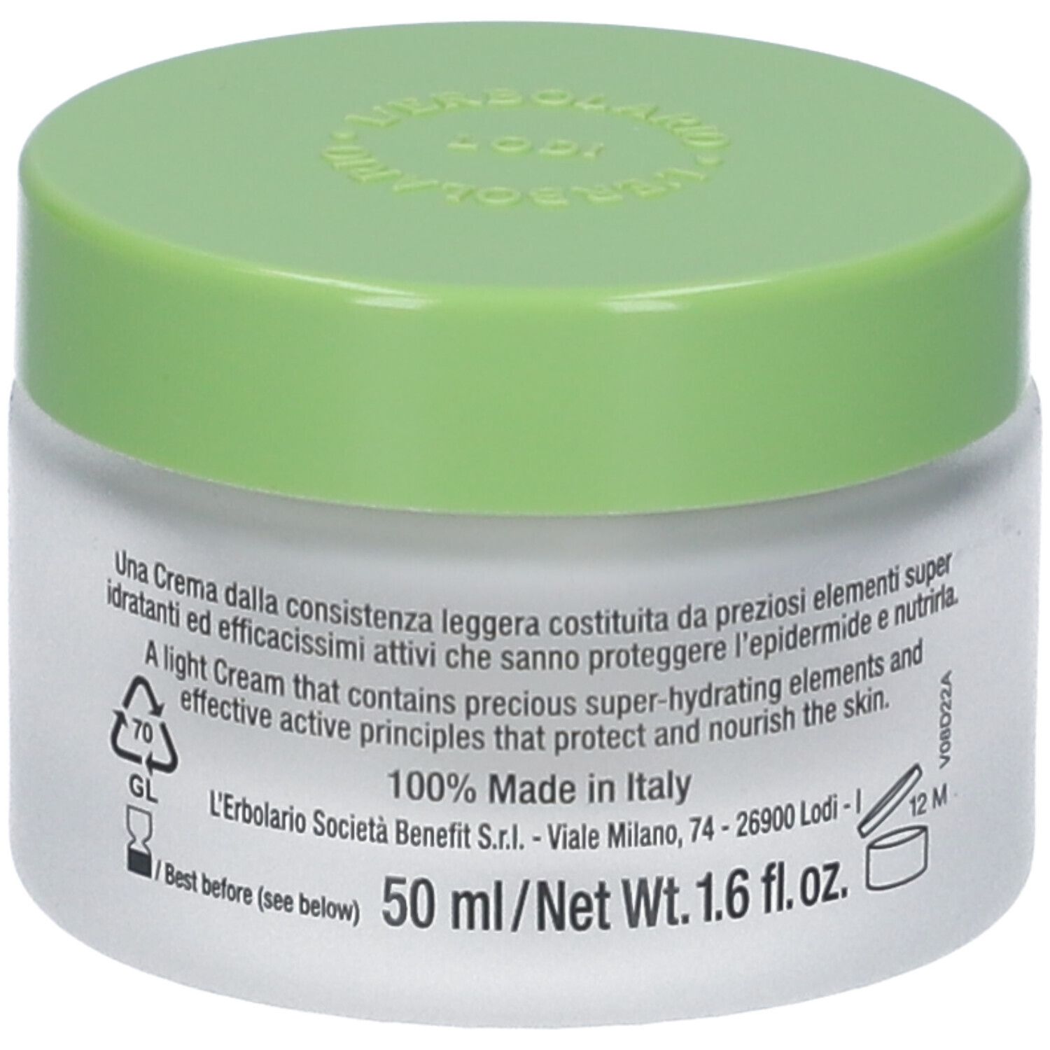 Vaso di crema con coperchio verde. Scritta: Crema Viso Idratazione intensa. Con estratto di viola e foglie di olivo. L'Erbolario.