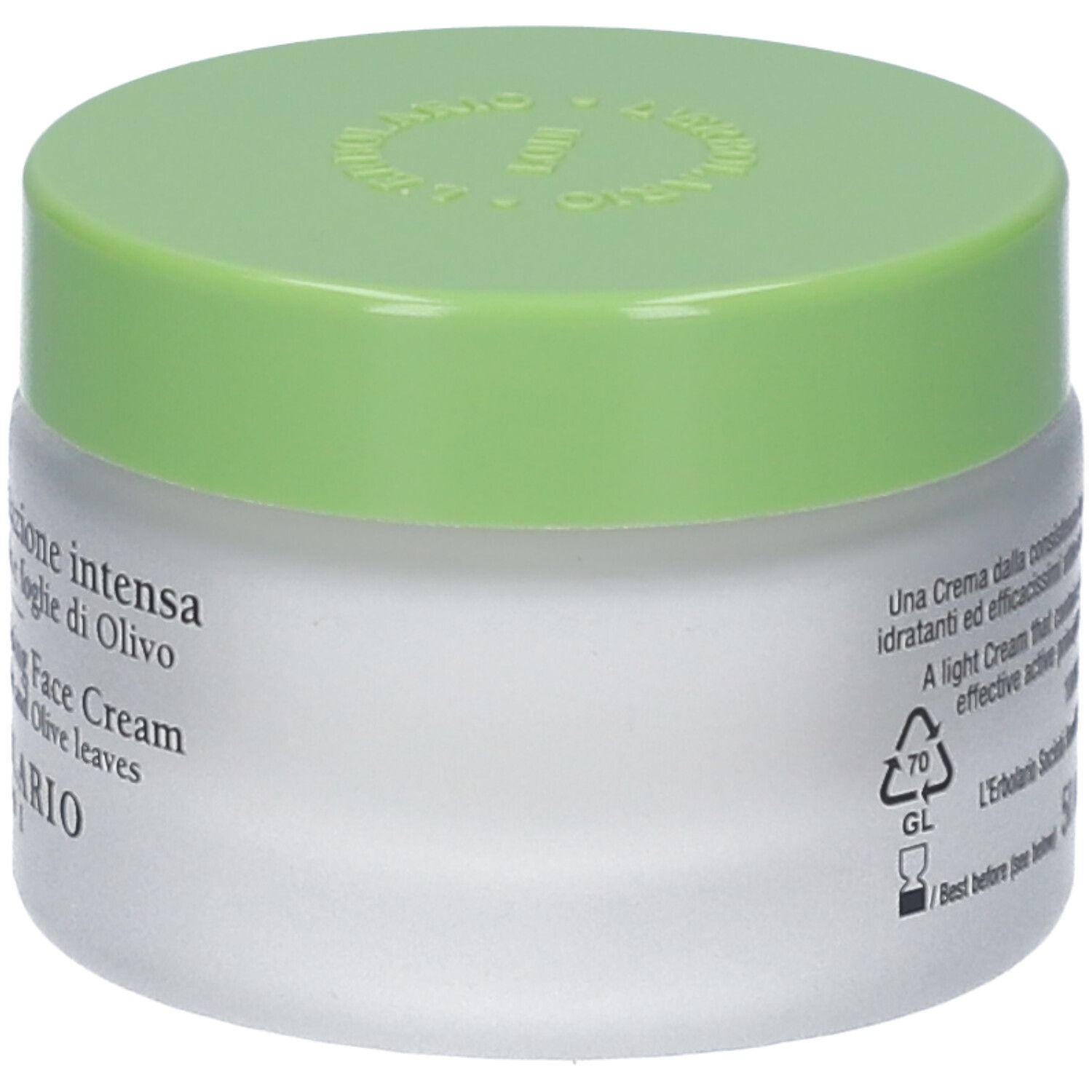 Vaso di crema con coperchio verde. Scritta: Crema Viso Idratazione intensa. Con estratto di viola e foglie di olivo. L'Erbolario.