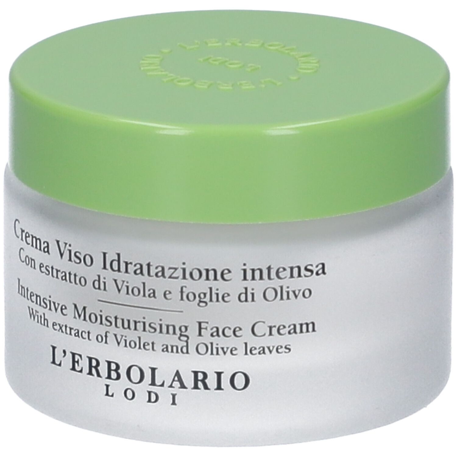 Vaso di crema con coperchio verde. Scritta: Crema Viso Idratazione intensa. Con estratto di viola e foglie di olivo. L'Erbolario.