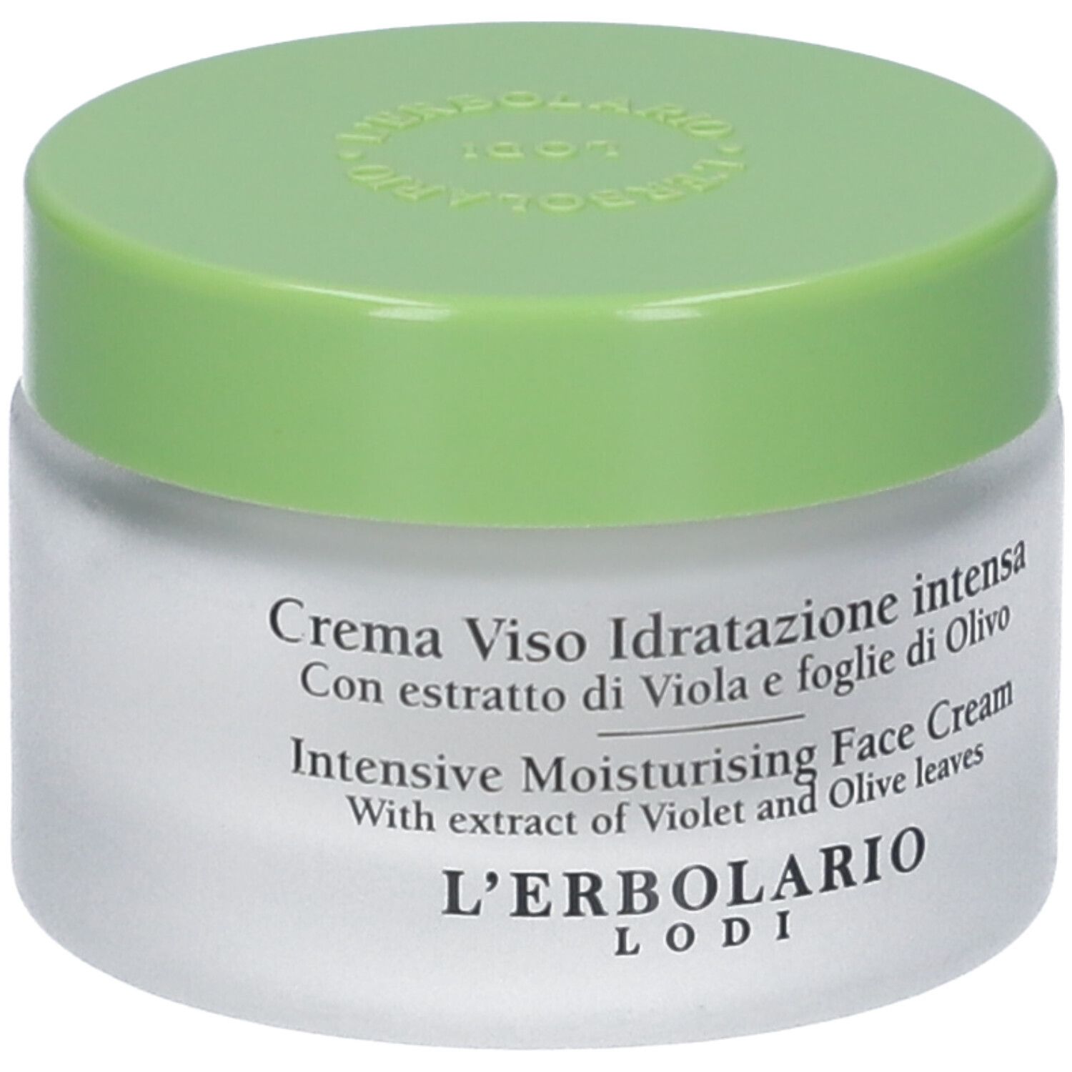 Vaso di crema con coperchio verde. Scritta: Crema Viso Idratazione intensa. Con estratto di viola e foglie di olivo. L'Erbolario.