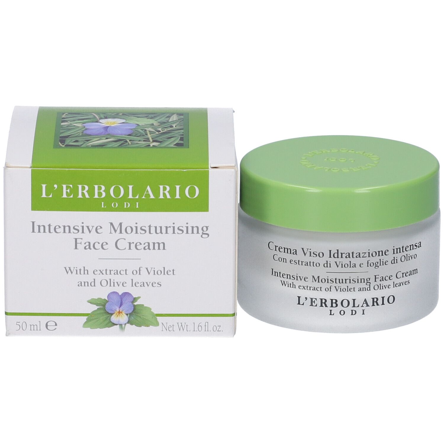 Vaso e scatola di crema. Scritta: Intensive Moisturising Face Cream. Con estratto di viola e foglie di olivo. L'Erbolario.