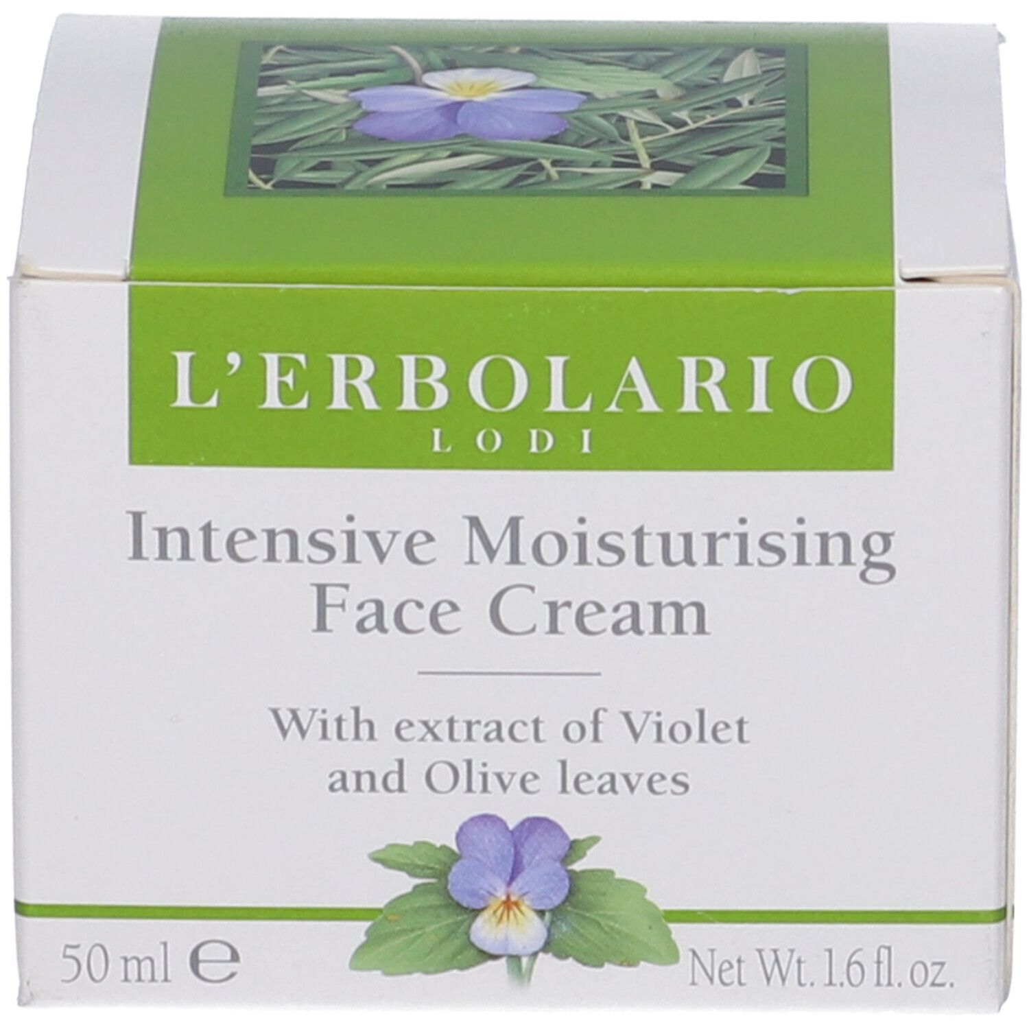 Scatola. Scritta: Intensive Moisturising Face Cream. Con estratto di viola e foglie di olivo. L'Erbolario. 50 ml.