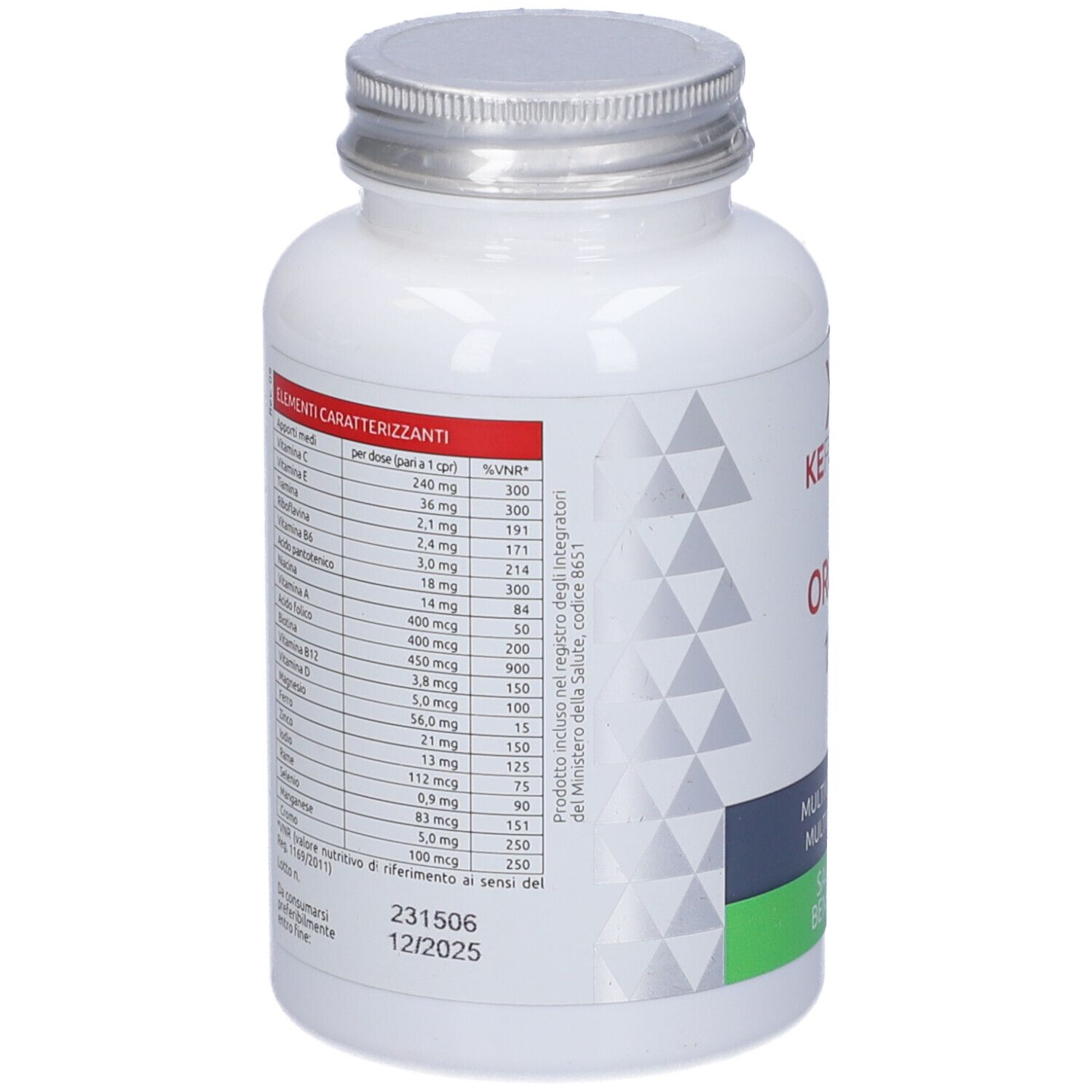 Retro di un flacone bianco. Contiene una tabella con valori nutrizionali. Marchio KEFORMA. Testo in italiano.