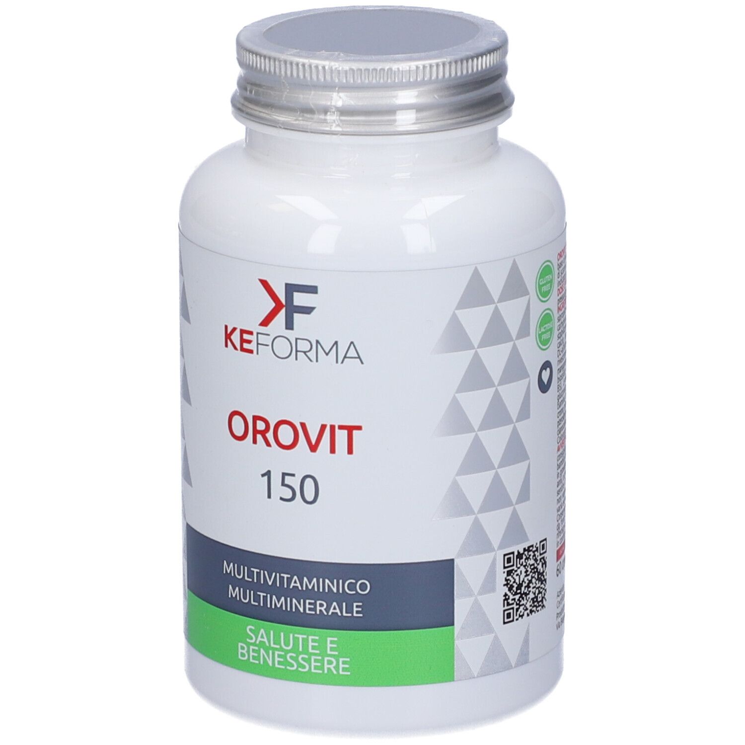 Flacone bianco con tappo argentato. Scritta OROVIT 150, sotto 'Multivitaminico Multiminerale'. Marchio KEFORMA.