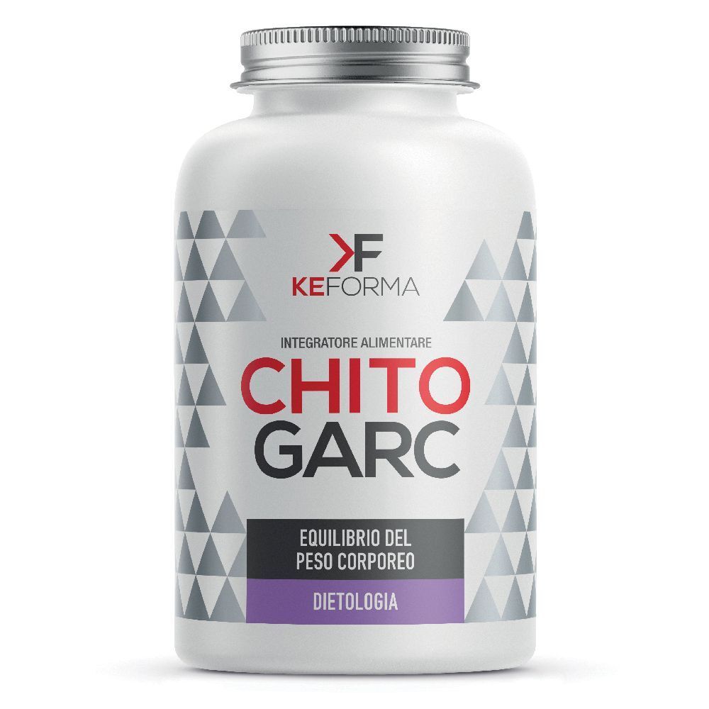 Flacone bianco con tappo argentato. Scritta: KEFORMA, CHITO GARC, EQUILIBRIO DEL PESO CORPOREO, DIETOLOGIA.
