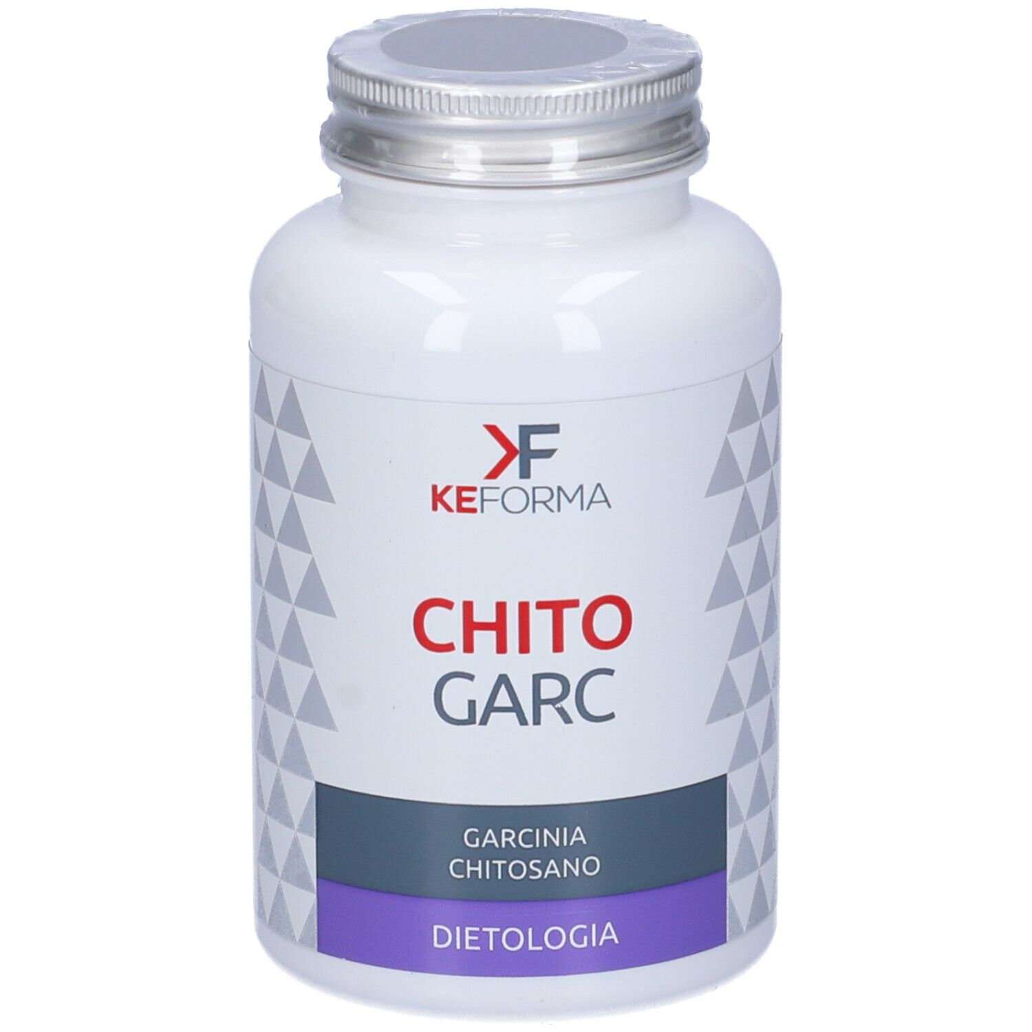 Flacone bianco con tappo argentato. Scritta: KEFORMA, CHITO GARC, GARCINIA CHITOSANO, DIETOLOGIA.
