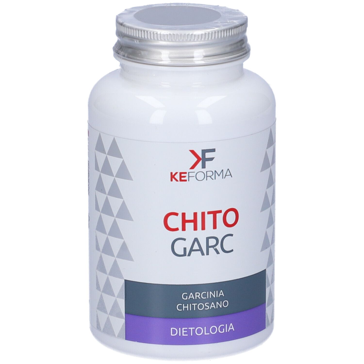 Flacone bianco con tappo argentato. Scritta: KEFORMA, CHITO GARC, GARCINIA CHITOSANO, DIETOLOGIA.