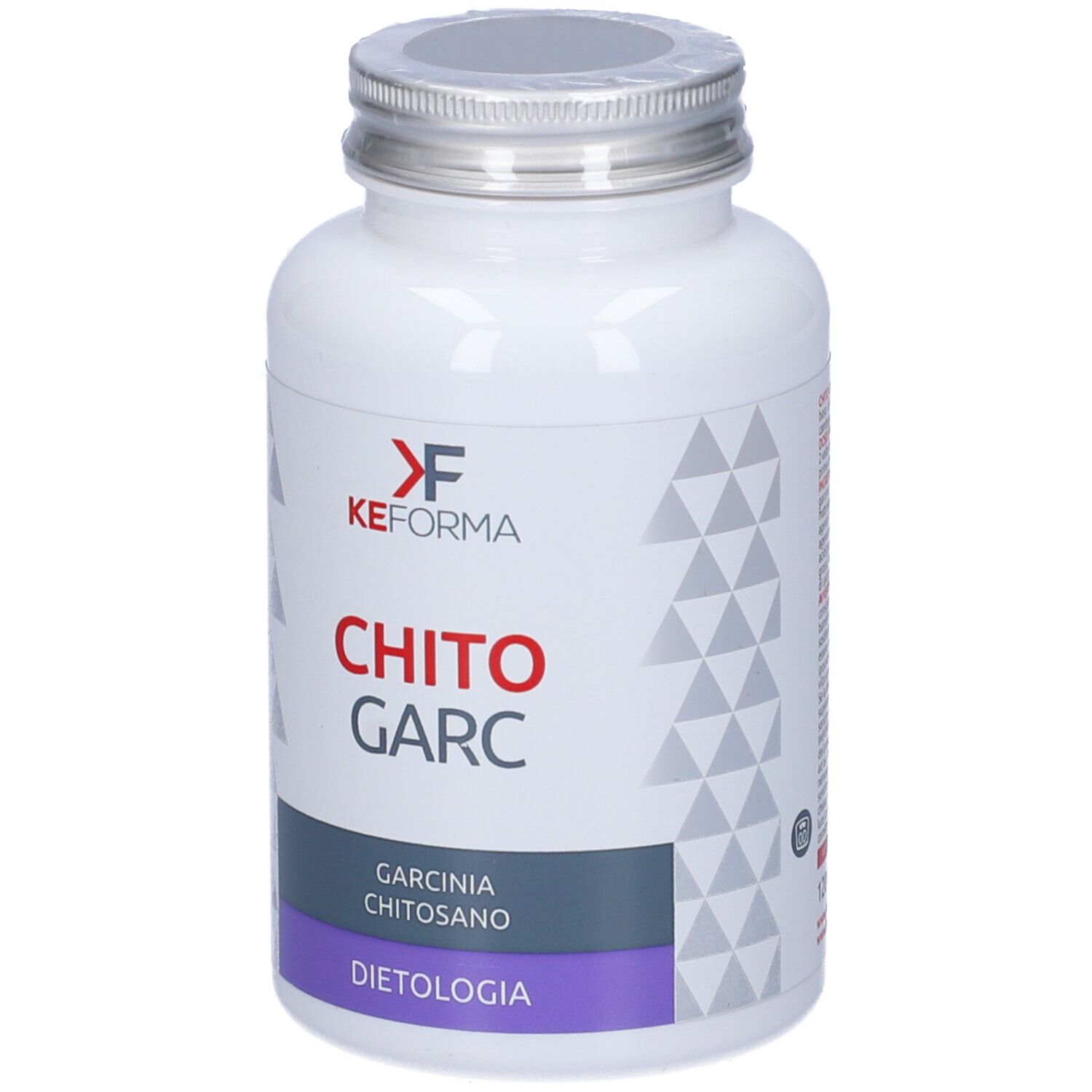 Flacone bianco con tappo argentato. Scritta: KEFORMA, CHITO GARC, GARCINIA CHITOSANO, DIETOLOGIA.