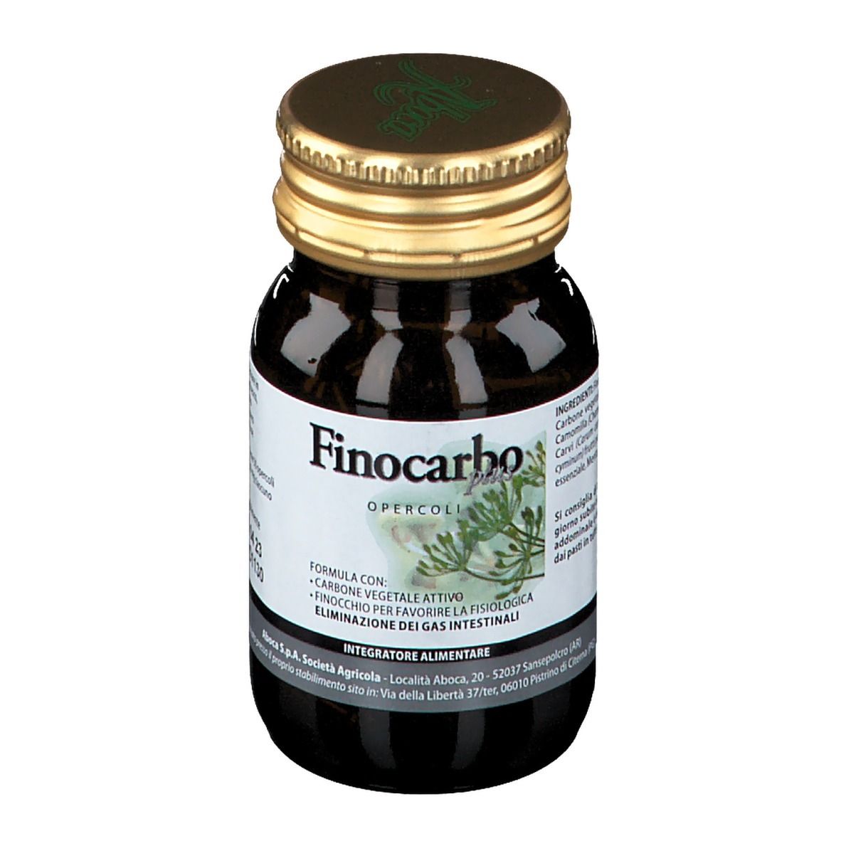 Flacone di vetro marrone con tappo dorato. Scritta: Finocarbo opercoli. Logo: Aboca. Contiene capsule.