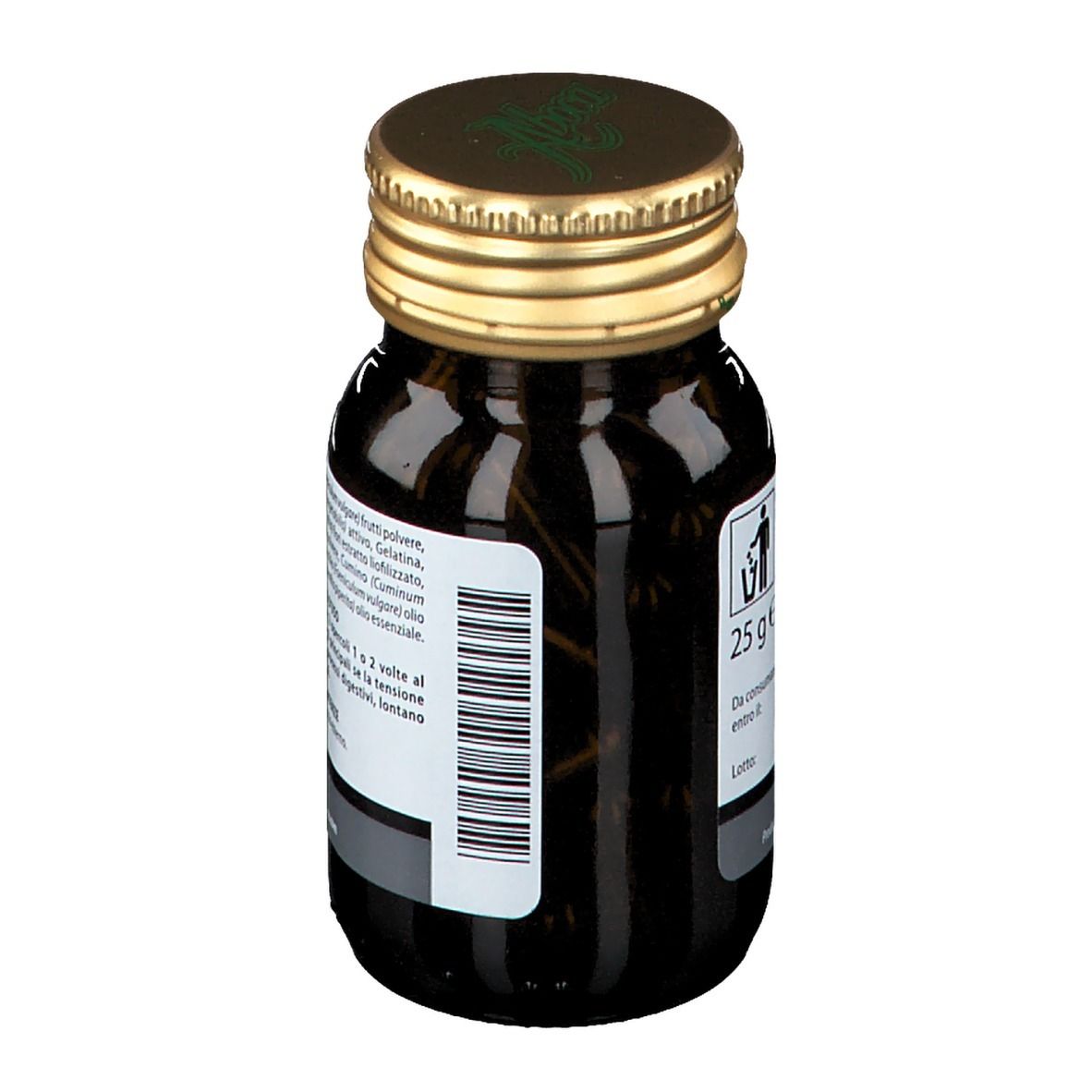 Flacone di vetro marrone con tappo dorato. Etichetta con indicazione del contenuto: 25 g. Logo: Aboca.