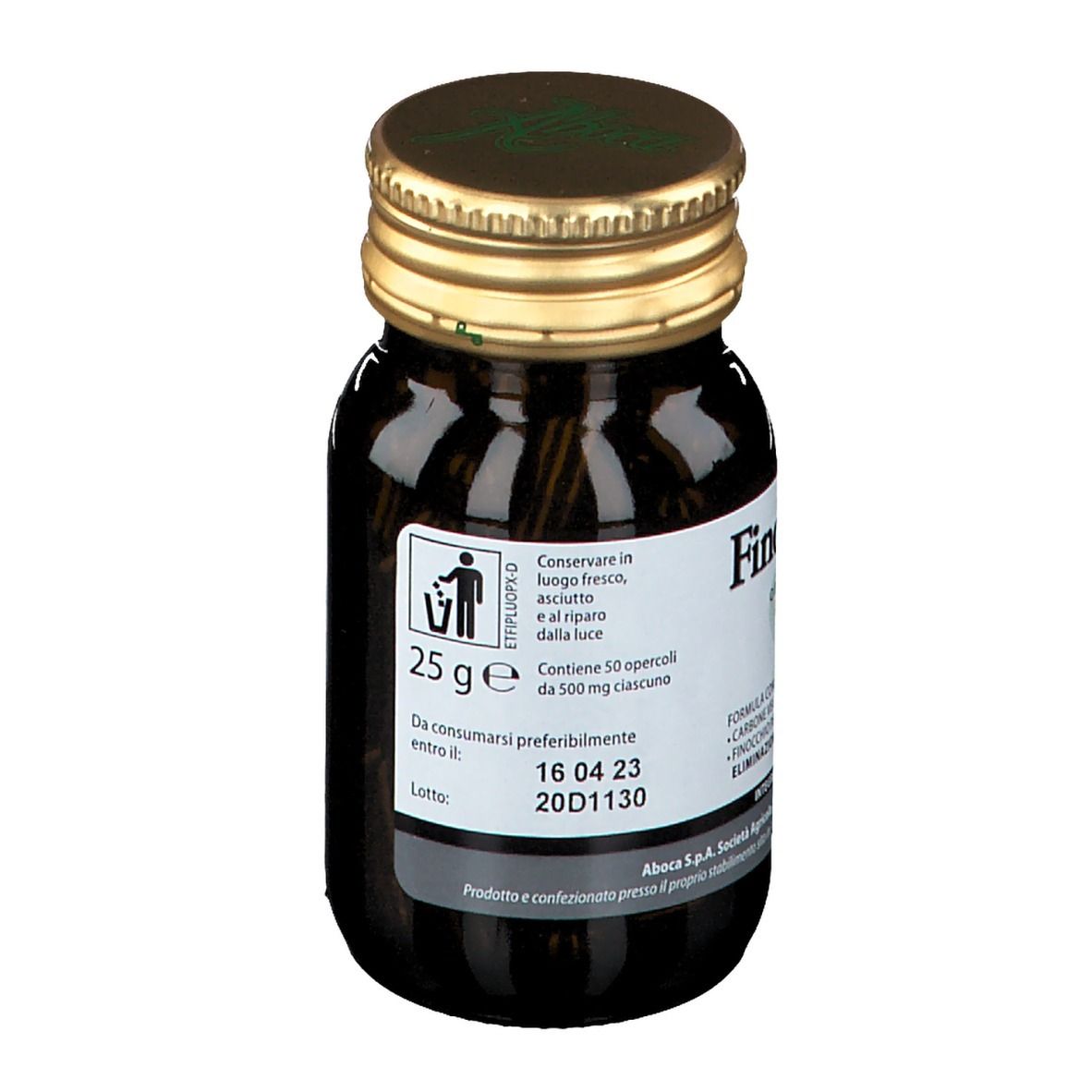 Flacone di vetro marrone con tappo dorato. Etichetta con data di scadenza e indicazione del contenuto: 25 g. Logo: Aboca.