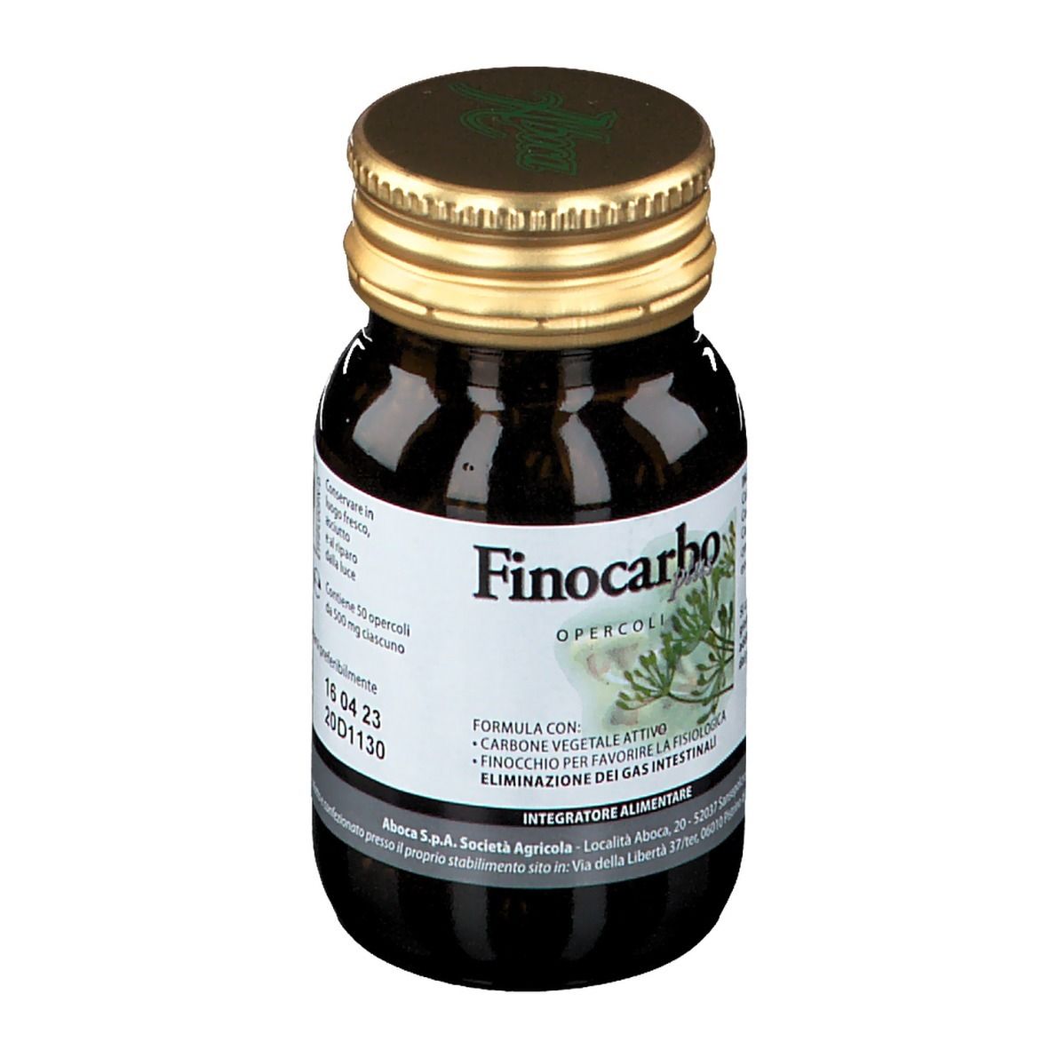Flacone di vetro marrone con tappo dorato. Scritta: Finocarbo opercoli. Logo: Aboca. Contiene capsule.
