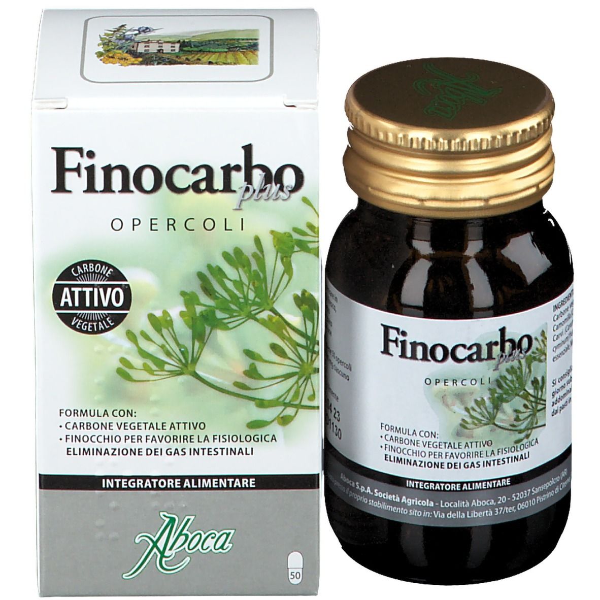 Confezione del prodotto e flacone. Scritta: Finocarbo plus opercoli. Logo: Aboca. Contiene capsule.