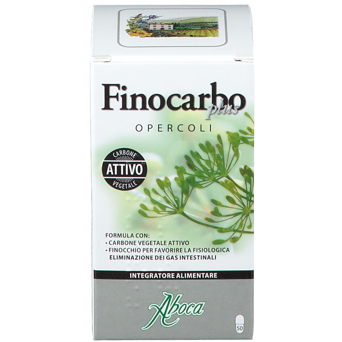 Scatola bianca con stampa del prodotto. Scritta: Finocarbo plus opercoli. Logo: Aboca. Contiene capsule.