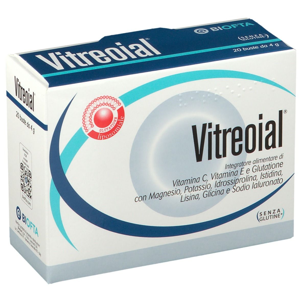 Confezione di Vitreoial®. Contiene 20 bustine da 4 g. Contiene Vitamina C, E, glutatione, con magnesio, potassio, ecc.