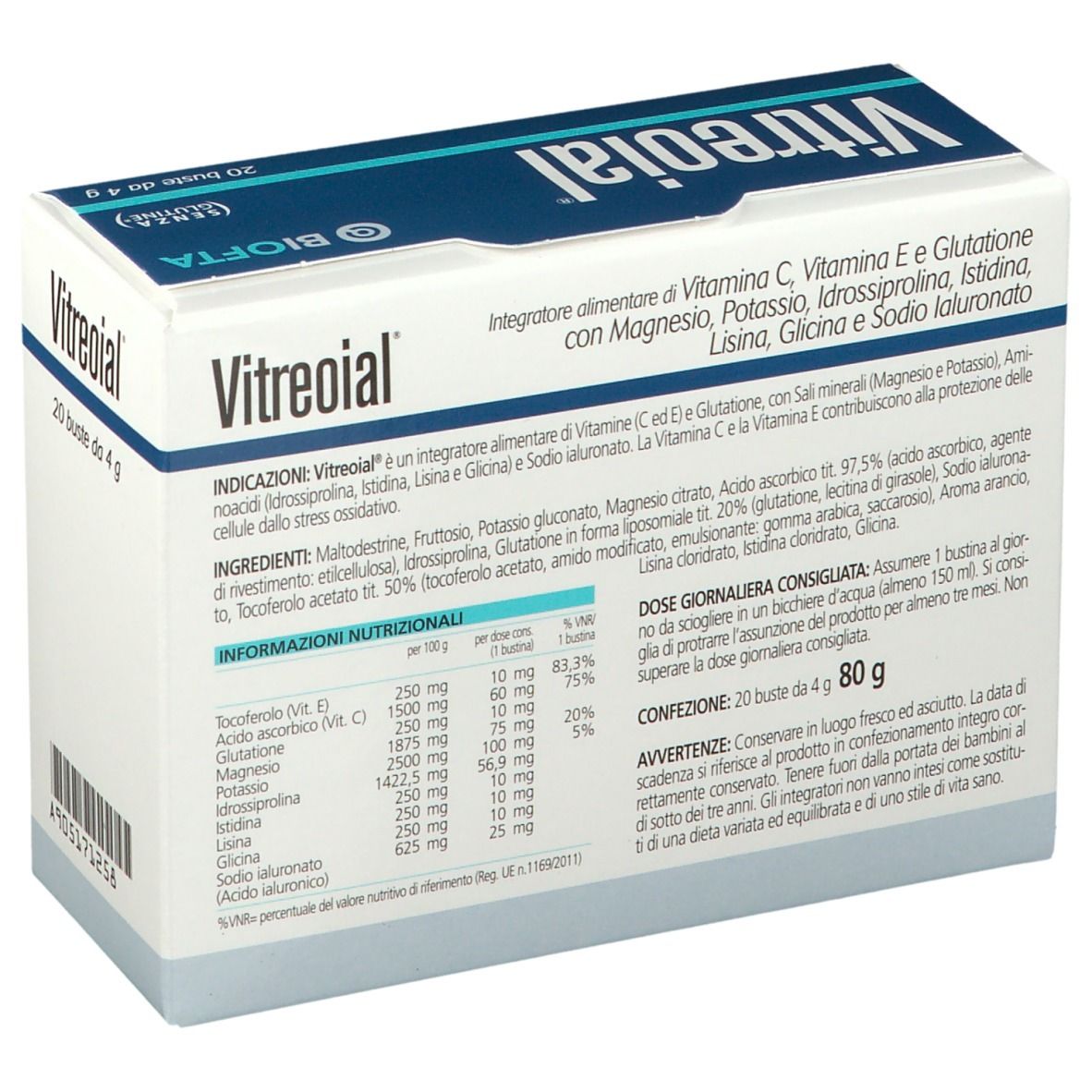 Retro della confezione di Vitreoial®. Contiene informazioni nutrizionali e ingredienti. 20 bustine da 4 g. Integratore alimentare.