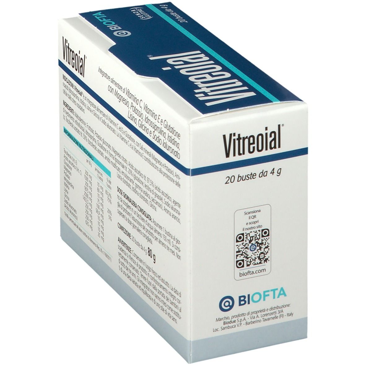 Confezione di Vitreoial® angolata. Contiene 20 bustine da 4 g. Contiene Vitamina C, E, glutatione, con magnesio, potassio, ecc.