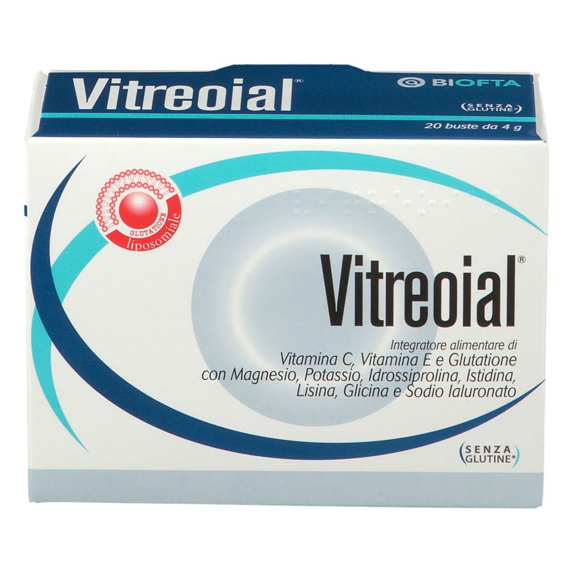 Confezione di Vitreoial®. Contiene 20 bustine da 4 g. Contiene Vitamina C, E, glutatione, con magnesio, potassio, ecc.