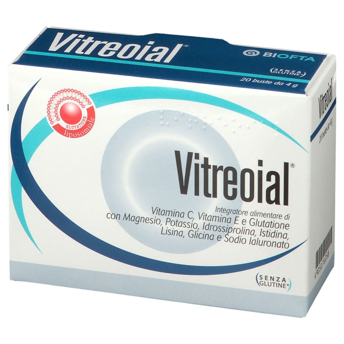 Confezione di Vitreoial®. Contiene 20 bustine da 4 g. Contiene Vitamina C, E, glutatione, con magnesio, potassio, ecc.