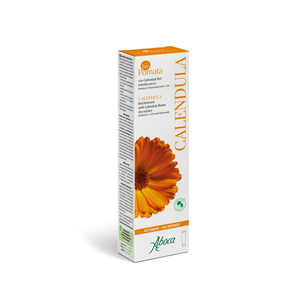 Confezione in cartone con nome del prodotto e illustrazione di calendula. Logo Aboca e certificazione bio visibili.