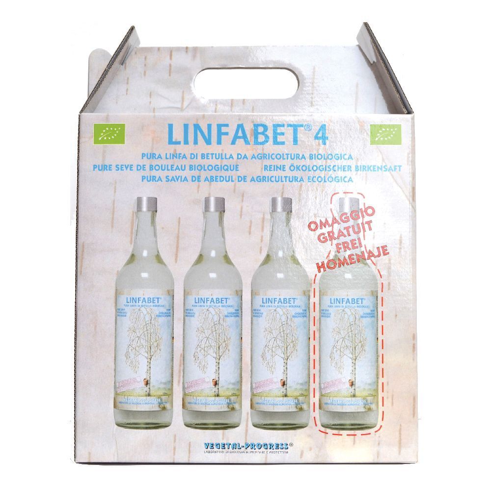 Confezione di quattro bottiglie Linfabet 4. Scritta: Pura Linfa di Betulla, Pura savia di abedul de agricultura ecologica. Con marchio bio.