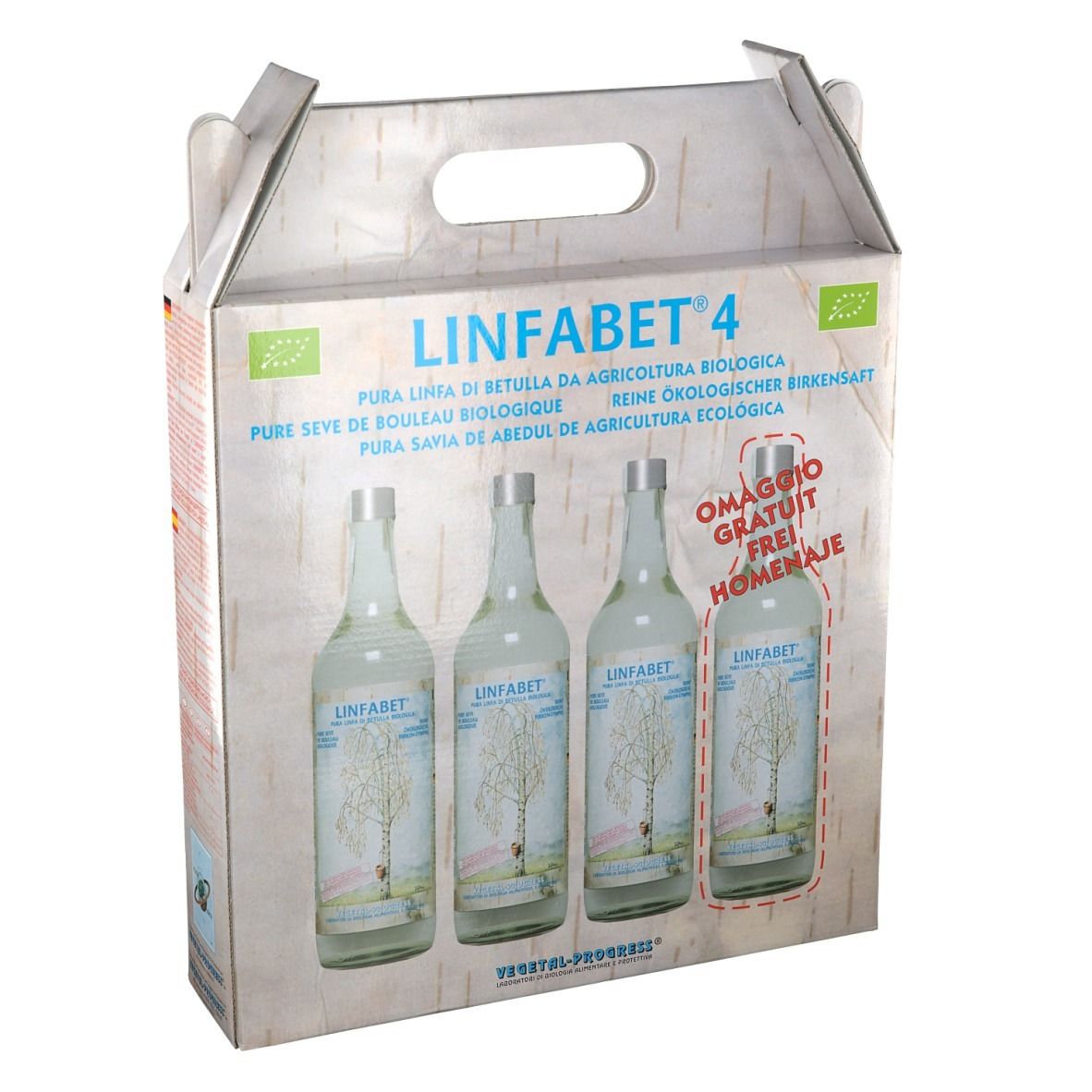 Confezione di quattro bottiglie Linfabet 4. Scritta: Pura Linfa di Betulla, Pura savia de abedul de agricultura ecologica. Con marchio bio.