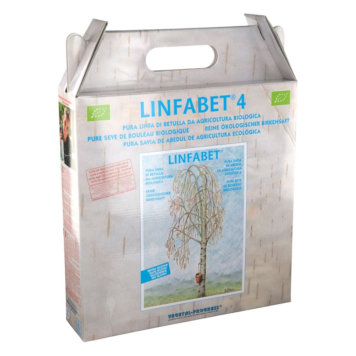 Confezione Linfabet 4. Scritta: Pura Linfa di Betulla, Pura savia de abedul de agricultura ecologica. Con marchio bio. Illustrazione di un albero.
