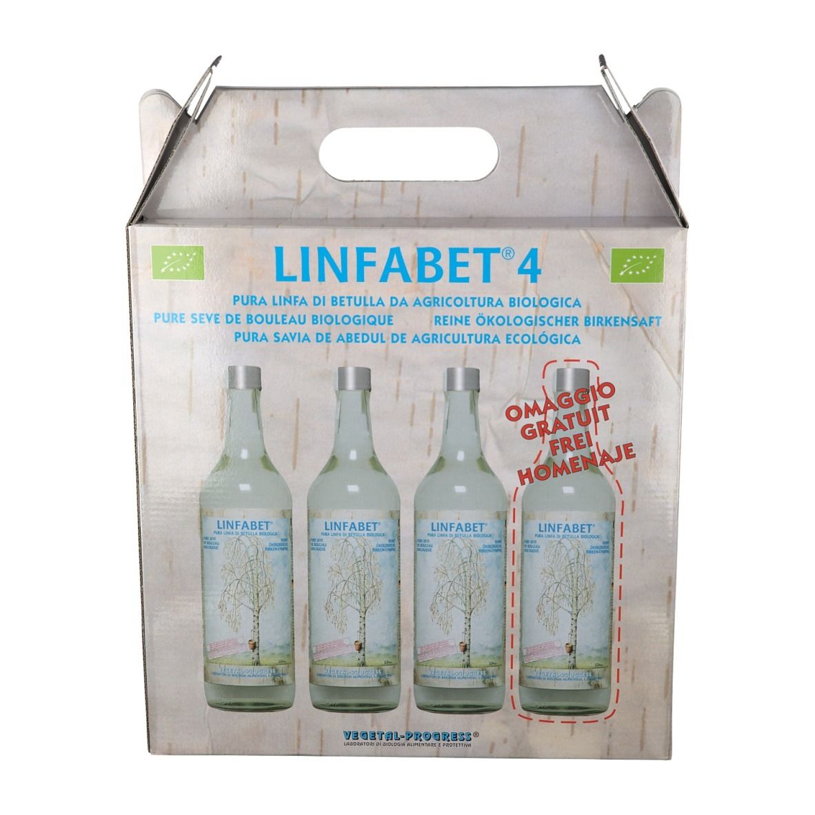 Confezione di quattro bottiglie Linfabet 4. Scritta: Pura Linfa di Betulla, Pura savia de abedul de agricultura ecologica. Con marchio bio.