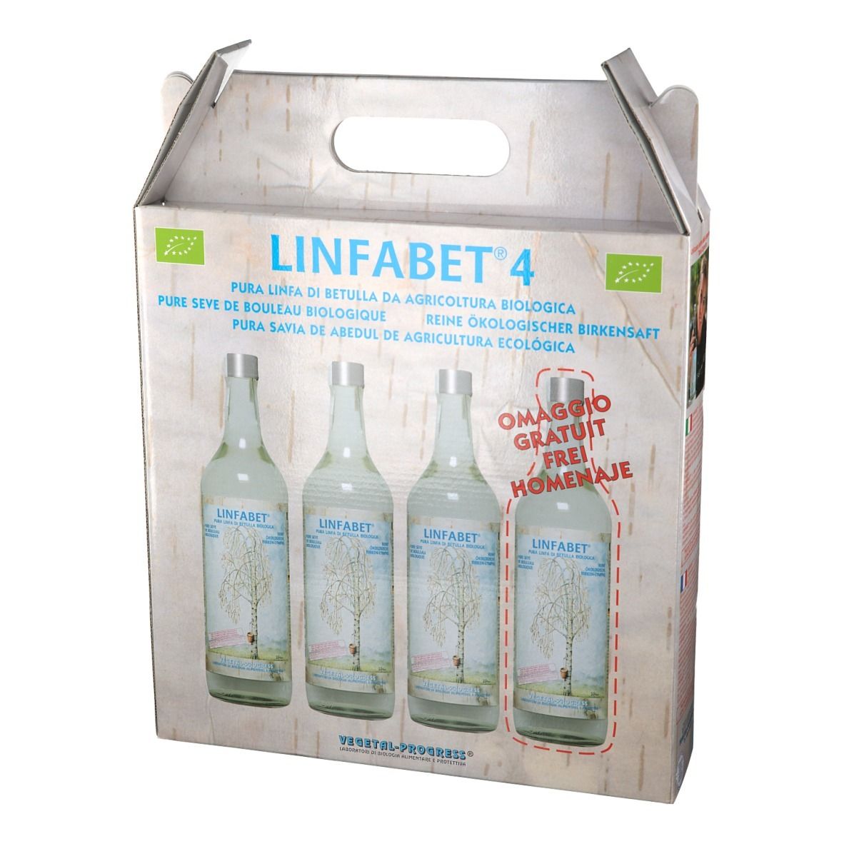 Confezione di quattro bottiglie Linfabet 4. Scritta: Pura Linfa di Betulla, Pura savia de abedul de agricultura ecologica. Con marchio bio.