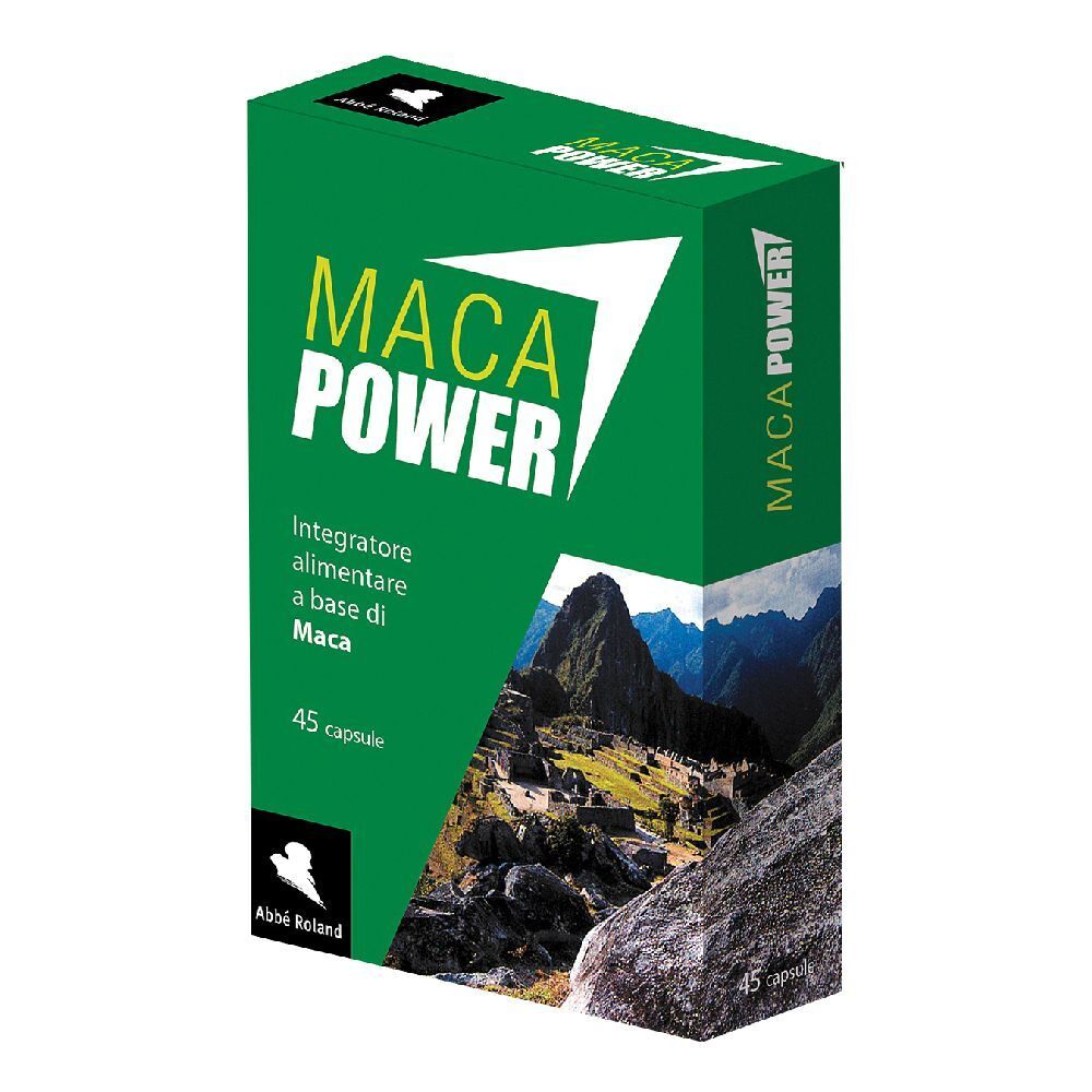 Scatola verde "MACA POWER" con 45 capsule. Paesaggio montano e rovine sullo sfondo. Marchio e logo in basso.