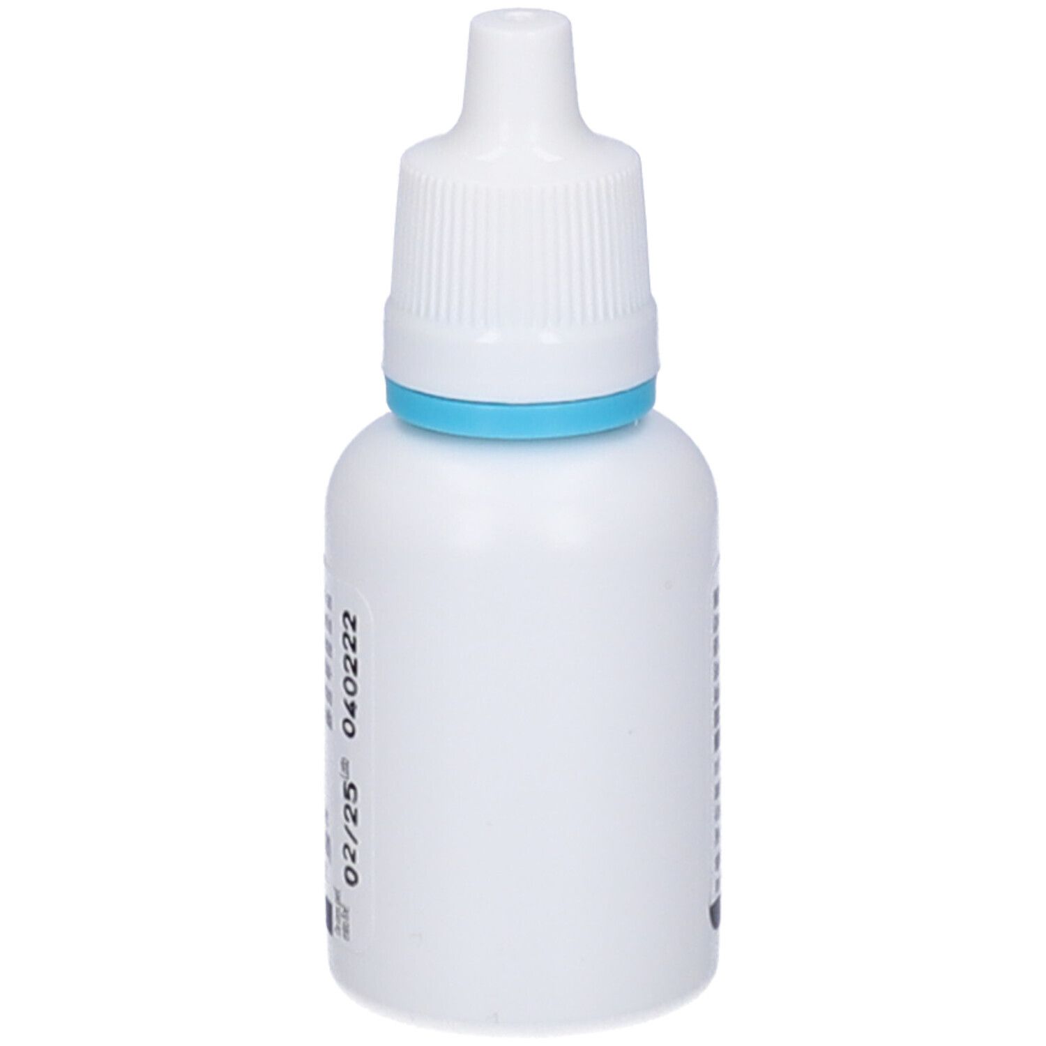 Flacone bianco con anello blu e tappo bianco. Sul flacone sono riportati ingredienti e raccomandazioni di dosaggio.