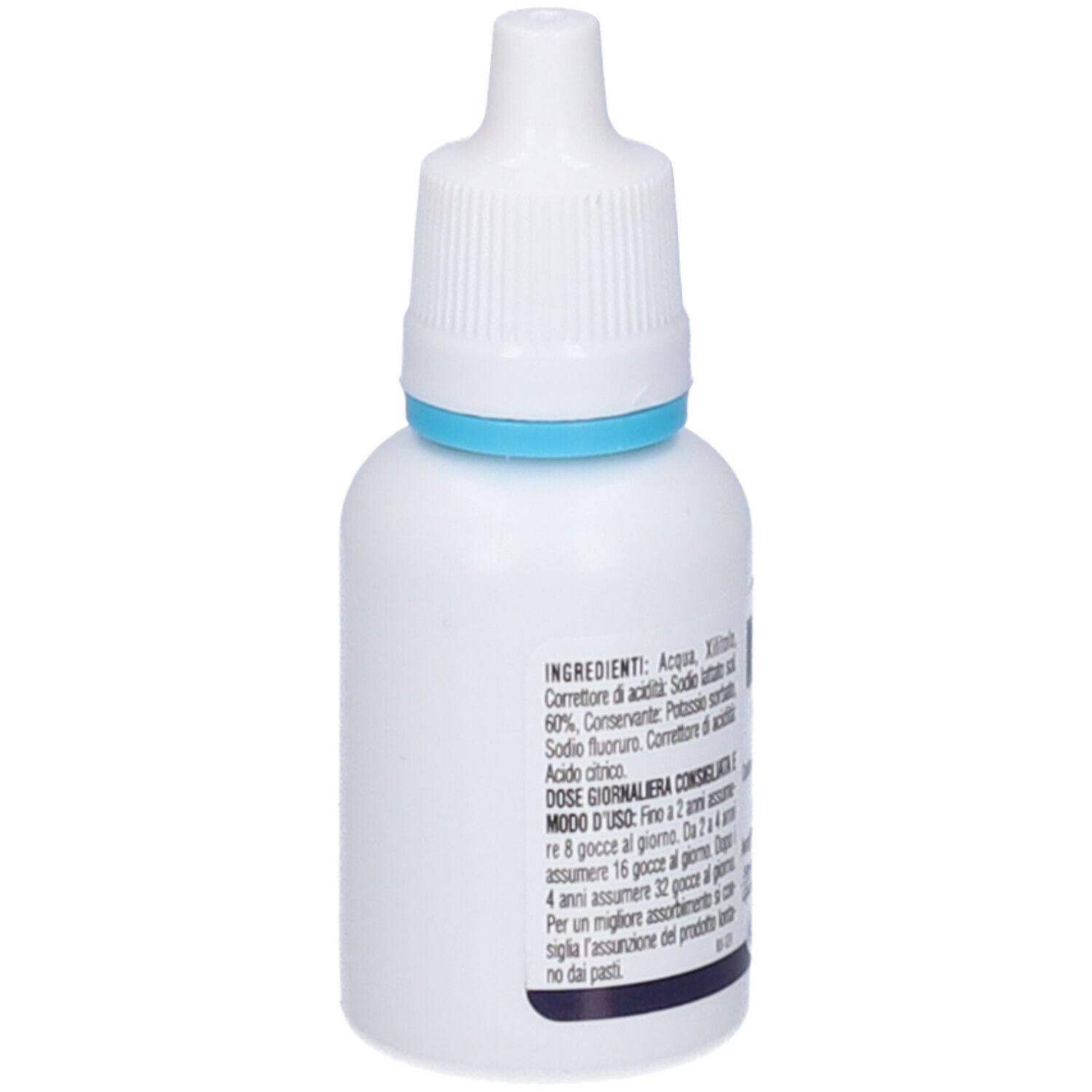 Flacone bianco con anello blu e tappo bianco. Sul flacone sono riportati ingredienti e raccomandazioni di dosaggio.