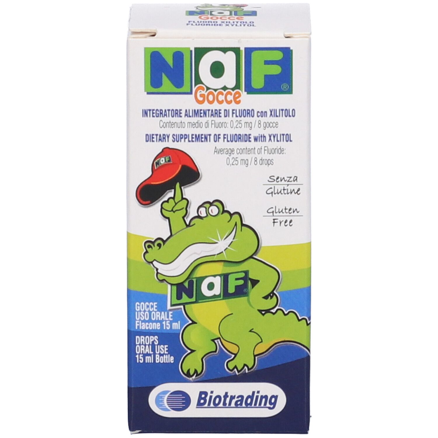 Scatola con la scritta "NAF Gocce". È raffigurato un cartone animato di coccodrillo. Sulla confezione c'è scritto "Gluten Free".