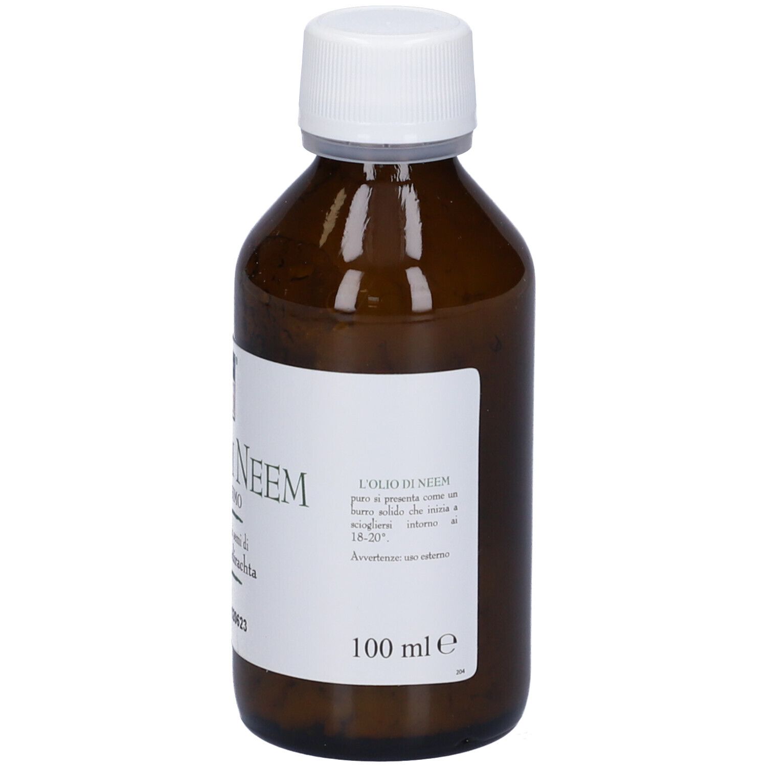 Flacone di vetro marrone con tappo bianco. Etichetta con nome del prodotto e testo. 100 ml.