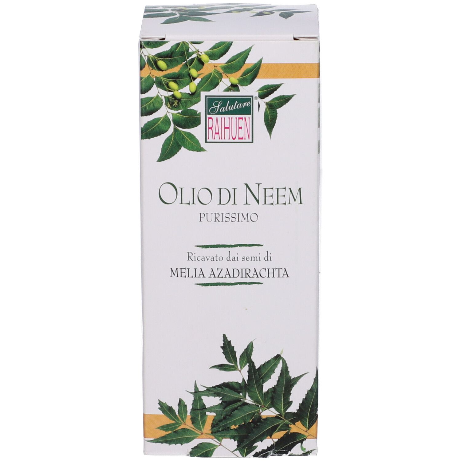Confezione con nome del prodotto e marchio Raihuen. Decorazione con piante verdi.