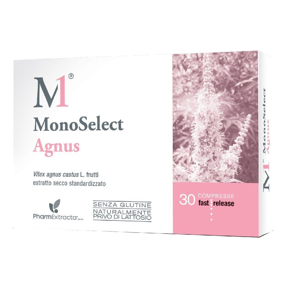 Confezione di Monoselect Agnus Compresse. Scatola bianca con dettagli rosa. Contiene 30 compresse. Testo: Monoselect Agnus, Vitex agnus castus.