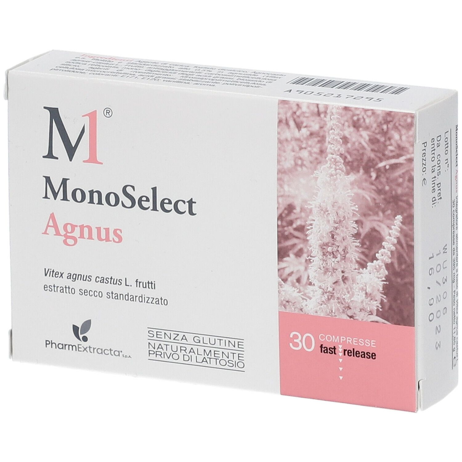 Confezione di Monoselect Agnus Compresse. Scatola bianca con dettagli rosa. Contiene 30 compresse. Testo: Monoselect Agnus, Vitex agnus castus.