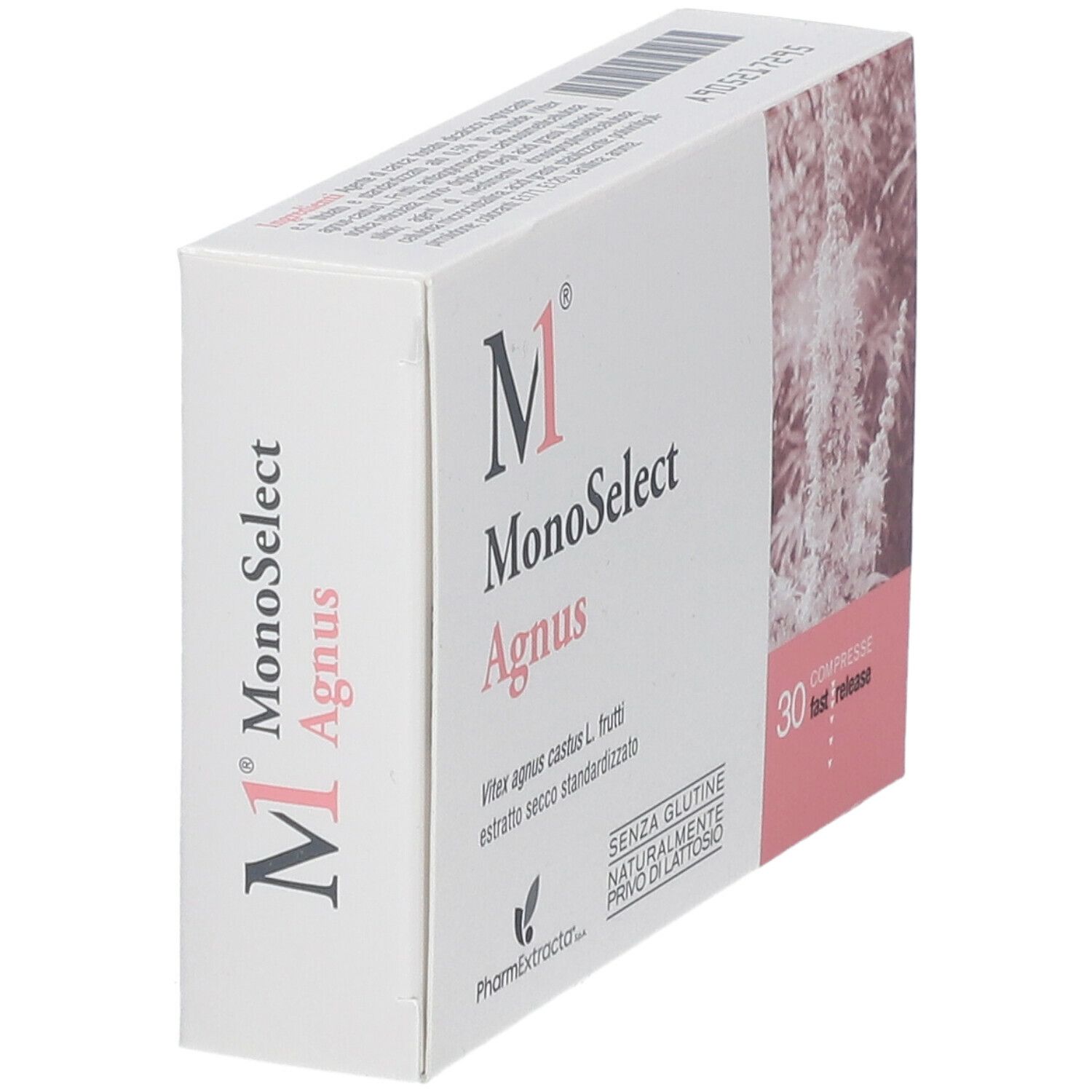 Confezione di Monoselect Agnus Compresse in prospettiva. Scatola bianca con dettagli rosa. Testo: Monoselect Agnus, Vitex agnus castus.