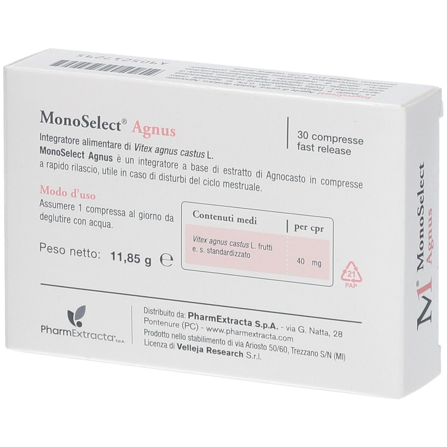 Retro della confezione di Monoselect Agnus Compresse. Contiene informazioni su ingredienti e uso. Testo: Monoselect Agnus, 30 compresse.