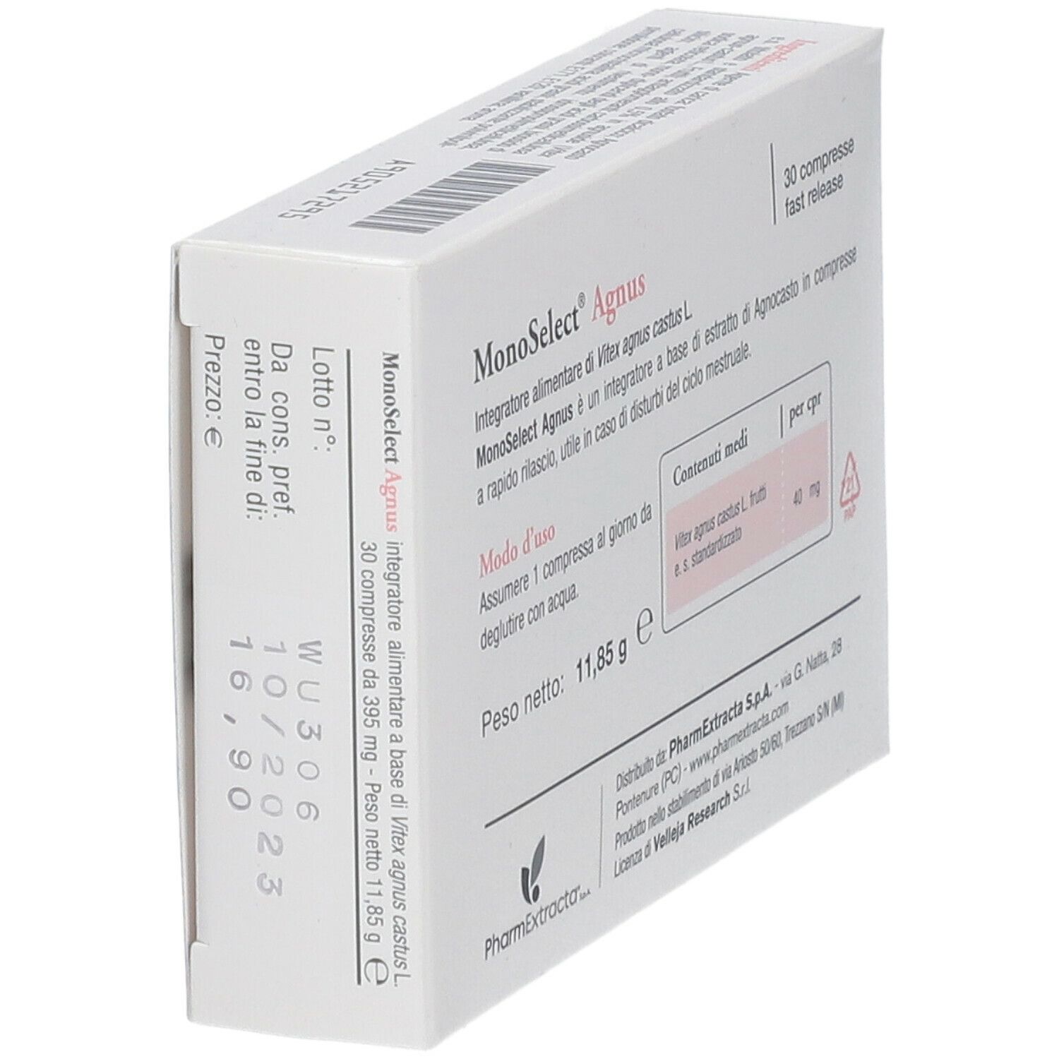 Retro della confezione di Monoselect Agnus Compresse. Contiene informazioni su ingredienti e uso. Testo: Monoselect Agnus, 30 compresse.