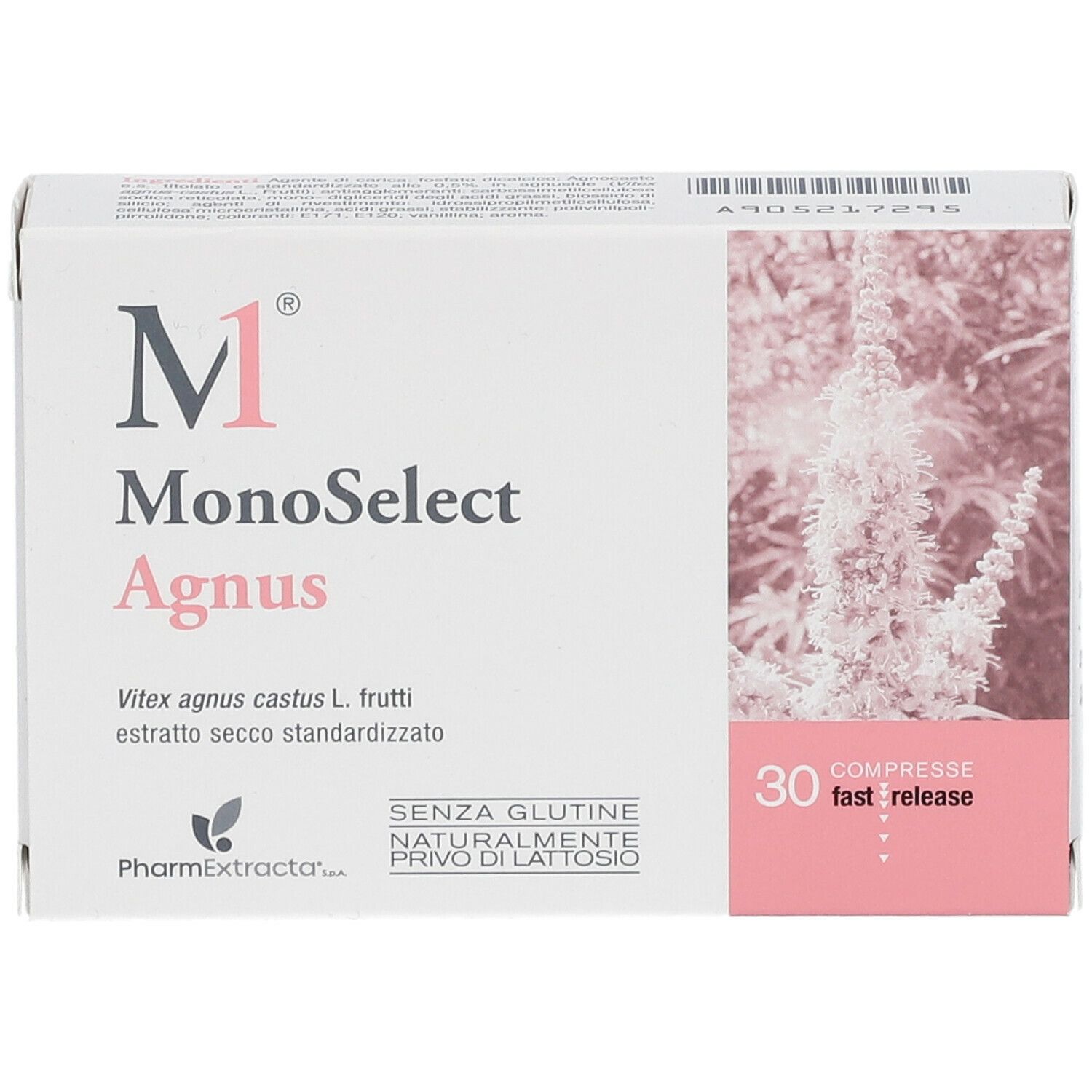 Confezione di Monoselect Agnus Compresse. Scatola bianca con dettagli rosa. Contiene 30 compresse. Testo: Monoselect Agnus, Vitex agnus castus.