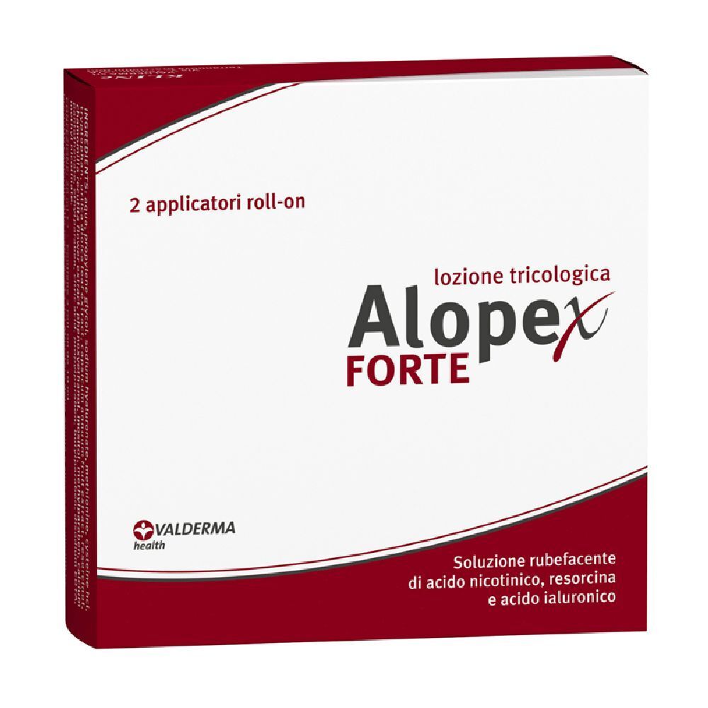 Confezione di Alopex Forte Lotion. Scatola bianca e rossa con nome e logo del prodotto. Contiene 2 applicatori roll-on.